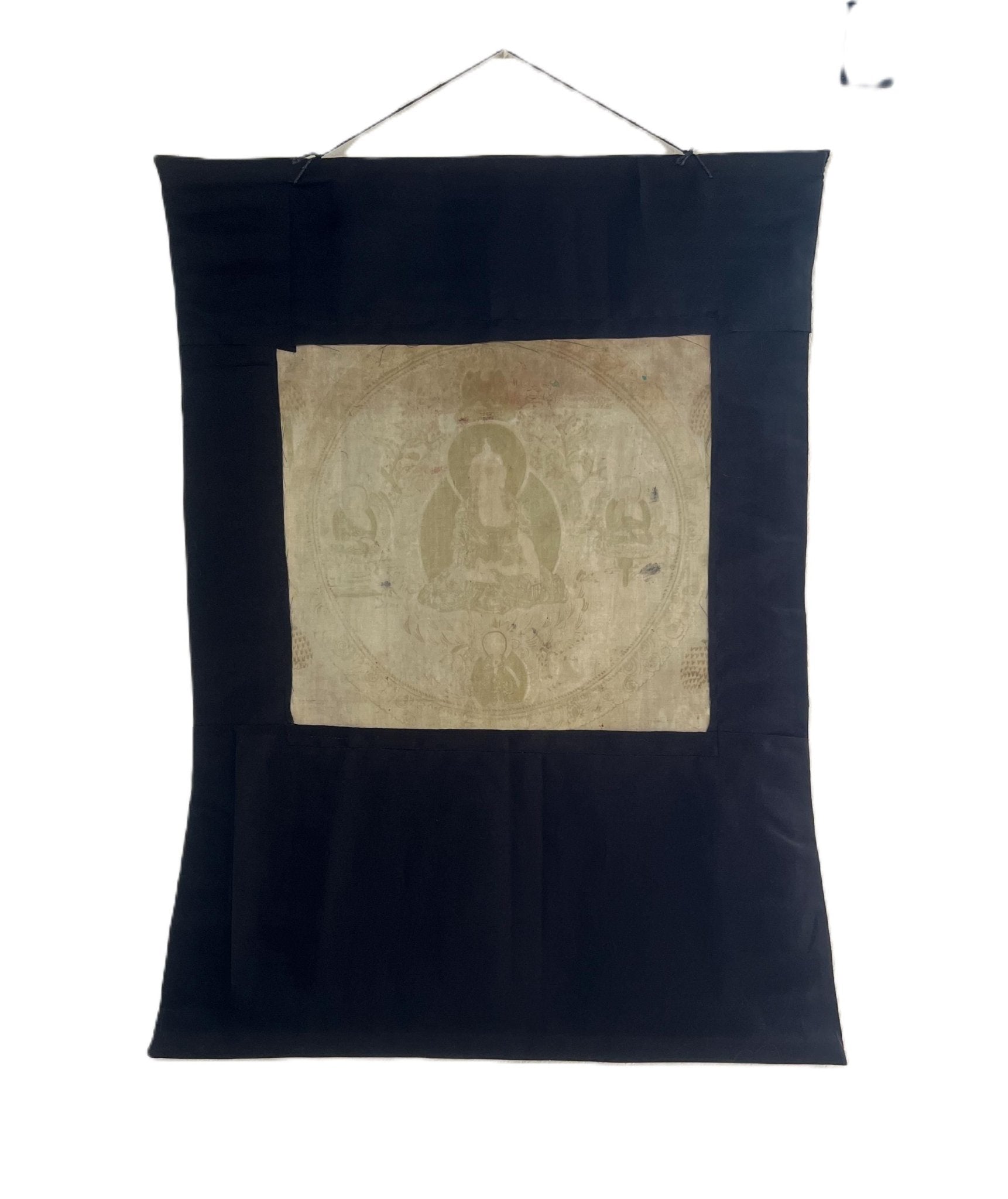 Shakyamuni Buddha With Dharma Protector | Vintage with significant signs of Aging | Original Tibetan Thangka Painting with Narrow Border - Tibetan Thangka Art