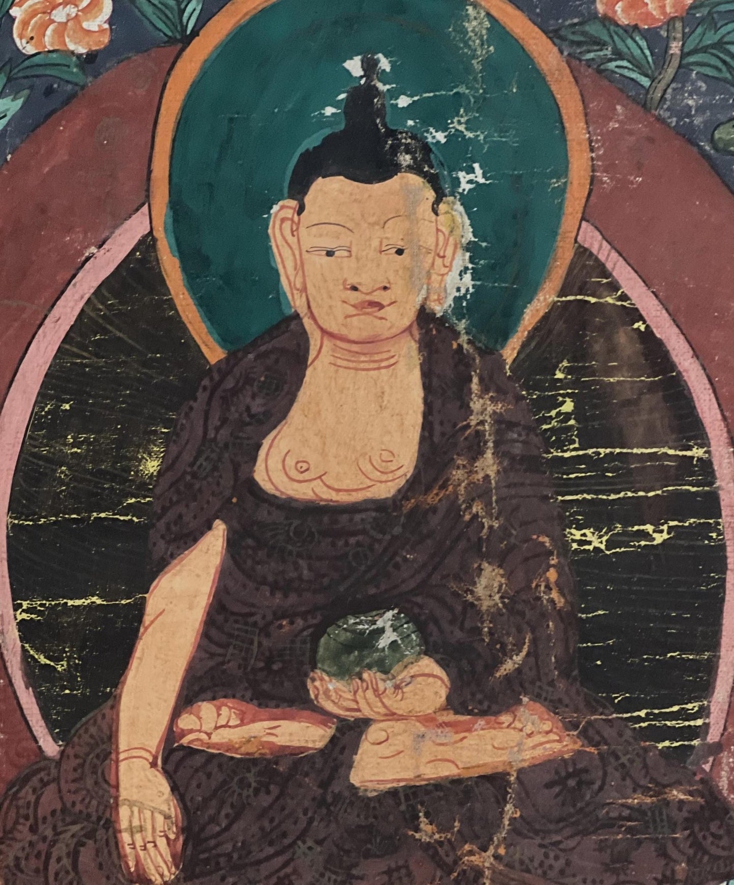 Shakyamuni Buddha With Dharma Protector | Vintage with significant signs of Aging | Original Tibetan Thangka Painting with Narrow Border - Tibetan Thangka Art
