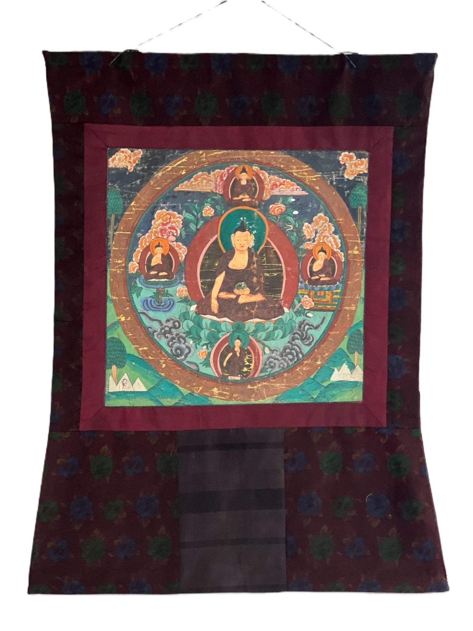 Shakyamuni Buddha With Dharma Protector | Vintage with significant signs of Aging | Original Tibetan Thangka Painting with Narrow Border - Tibetan Thangka Art