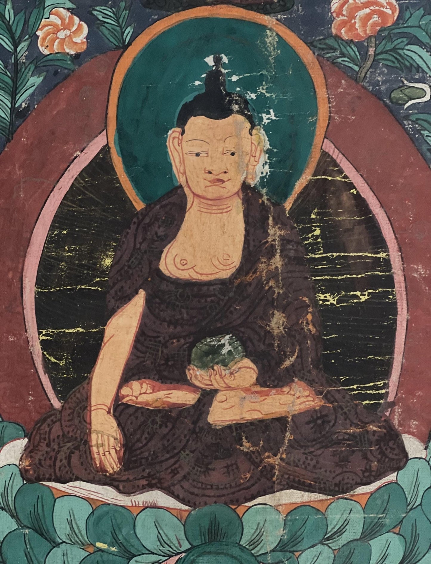 Shakyamuni Buddha With Dharma Protector | Vintage with significant signs of Aging | Original Tibetan Thangka Painting with Narrow Border - Tibetan Thangka Art