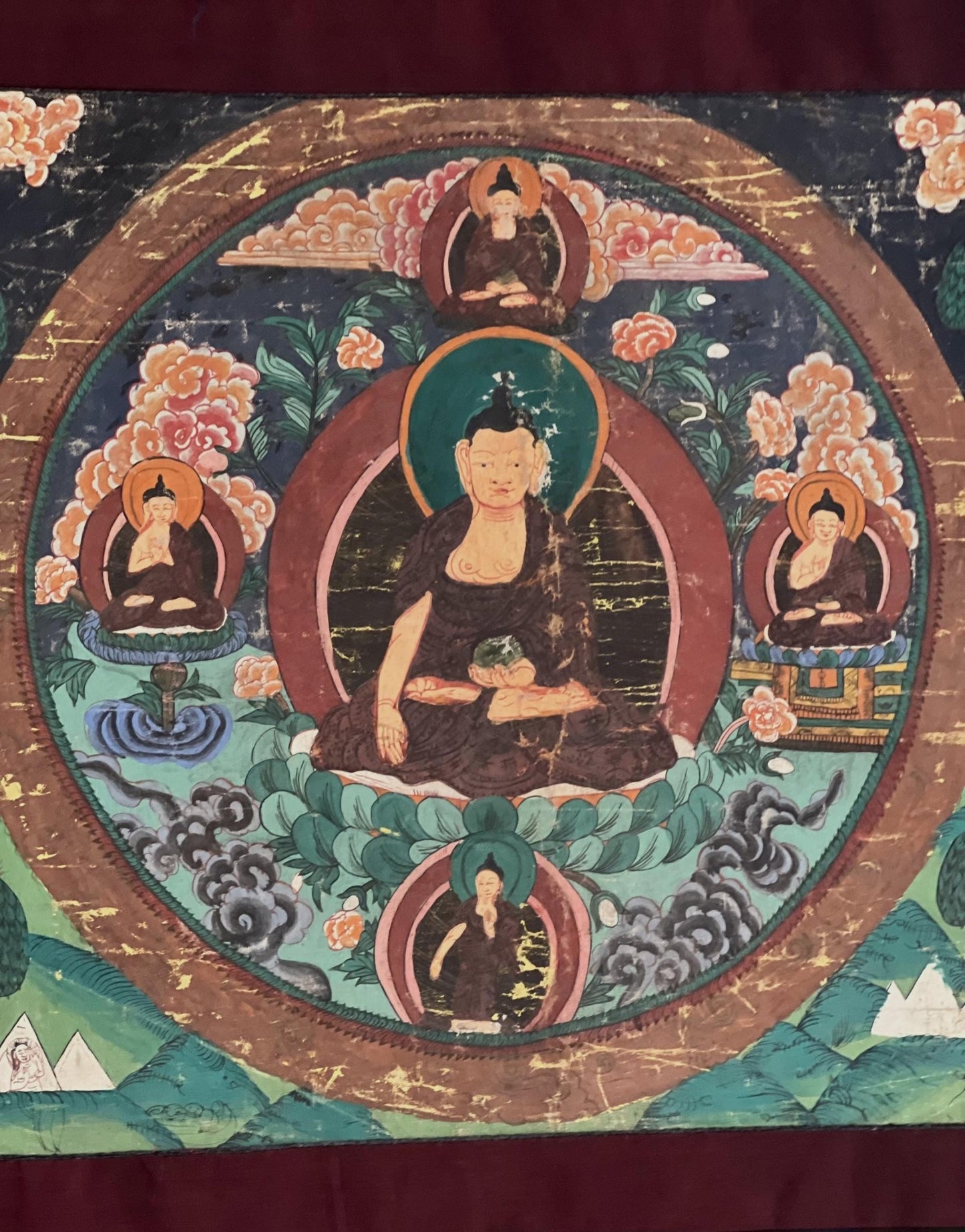 Shakyamuni Buddha With Dharma Protector | Vintage with significant signs of Aging | Original Tibetan Thangka Painting with Narrow Border - Tibetan Thangka Art