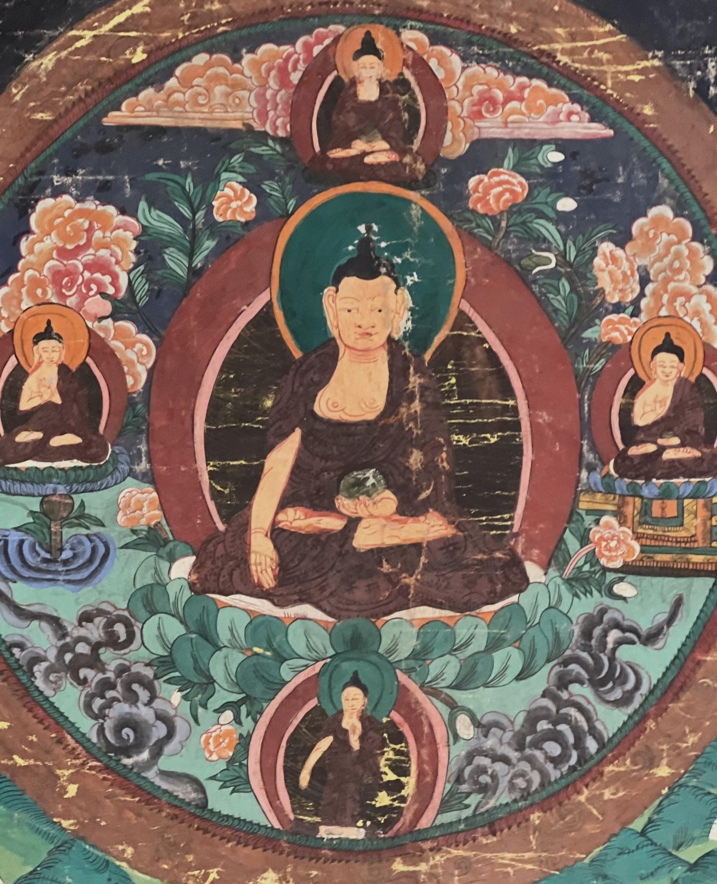 Shakyamuni Buddha With Dharma Protector | Vintage with significant signs of Aging | Original Tibetan Thangka Painting with Narrow Border - Tibetan Thangka Art