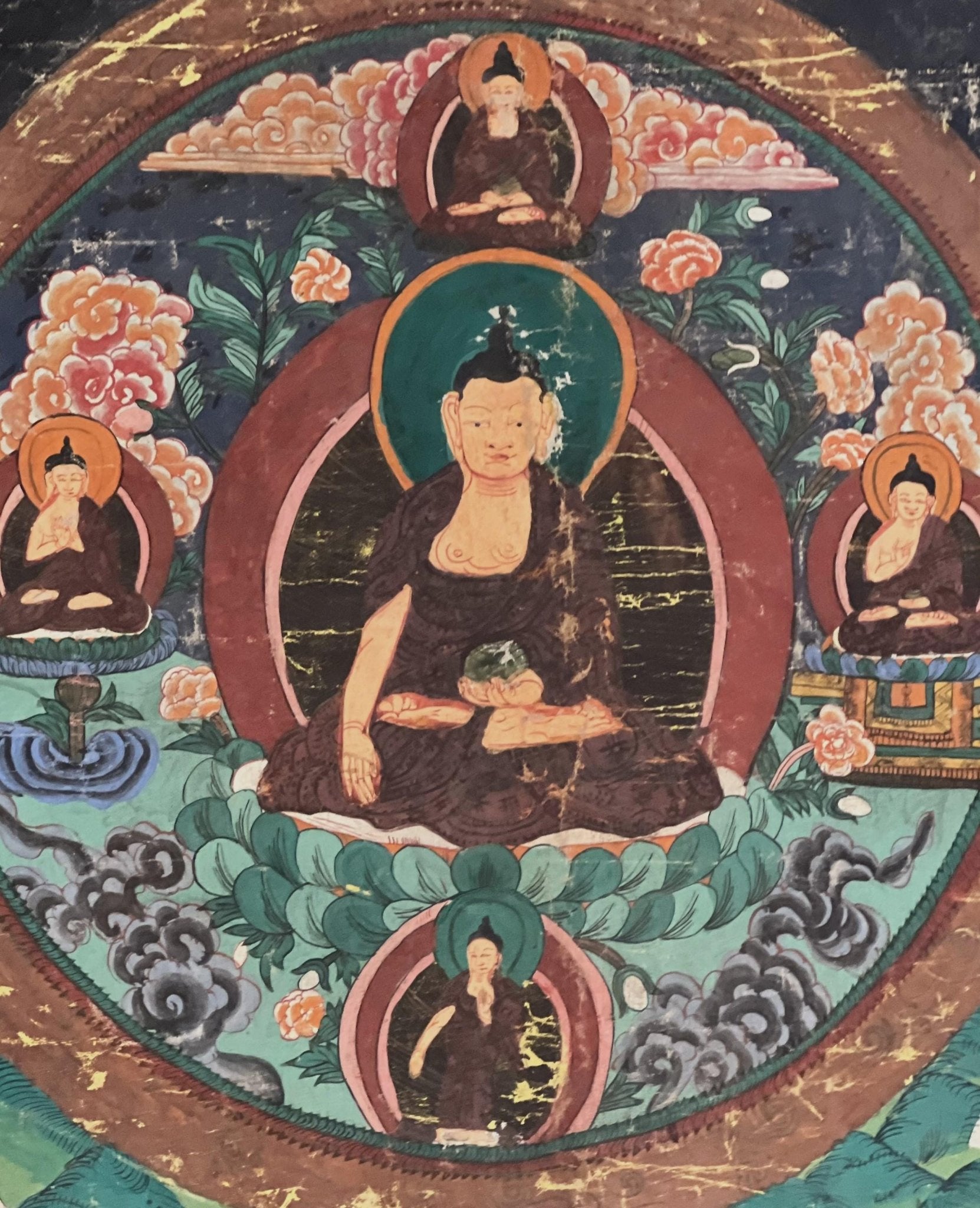 Shakyamuni Buddha With Dharma Protector | Vintage with significant signs of Aging | Original Tibetan Thangka Painting with Narrow Border - Tibetan Thangka Art