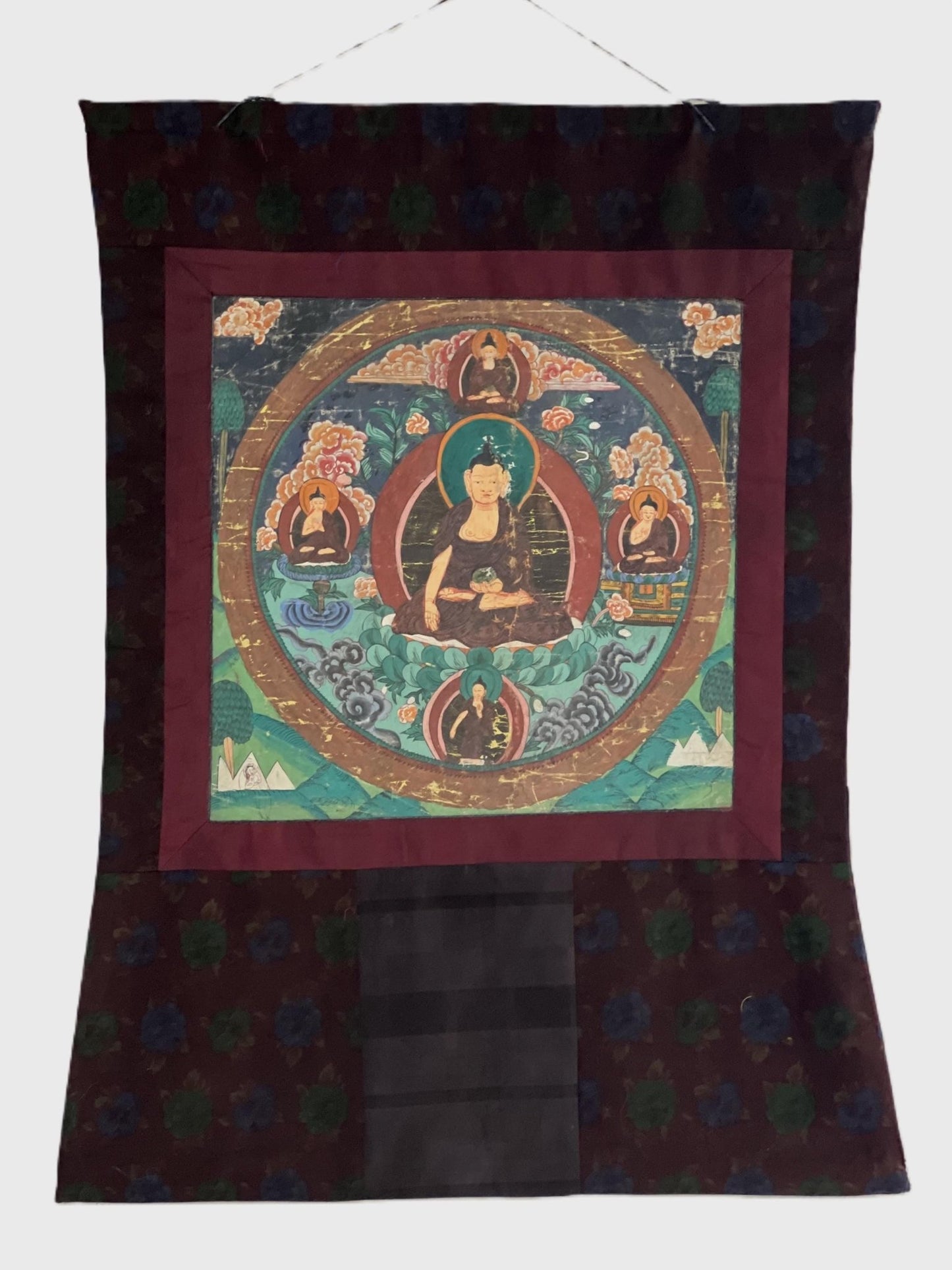 Shakyamuni Buddha With Dharma Protector | Vintage with significant signs of Aging | Original Tibetan Thangka Painting with Narrow Border - Tibetan Thangka Art