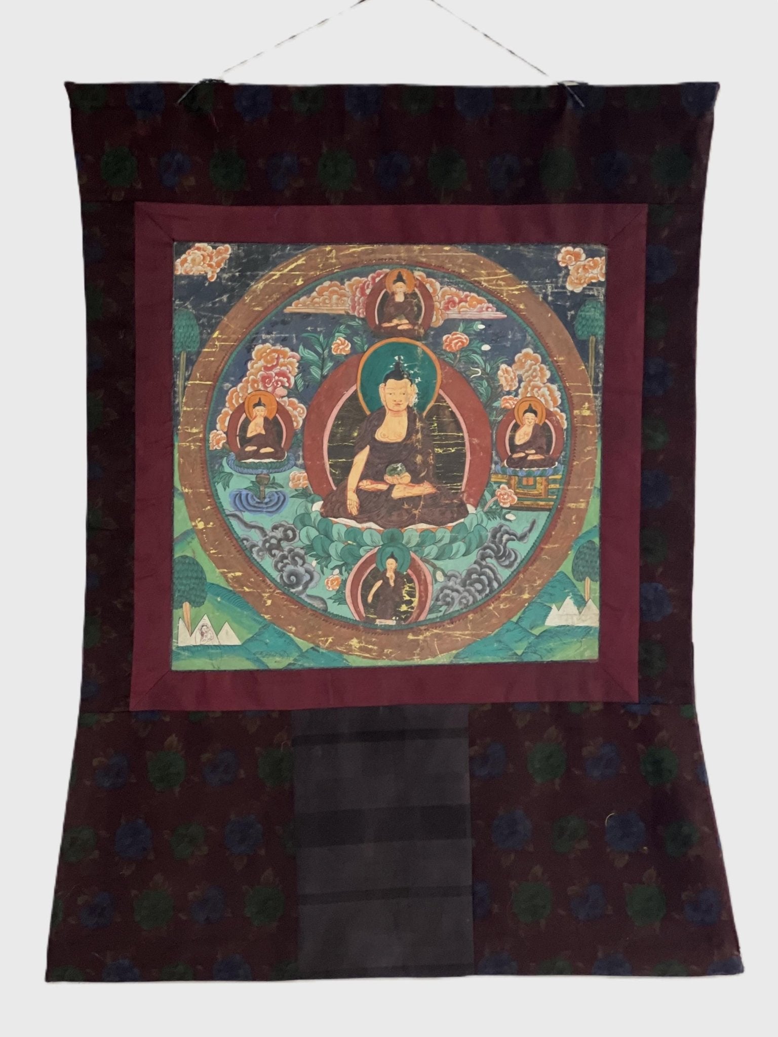 Shakyamuni Buddha With Dharma Protector | Vintage with significant signs of Aging | Original Tibetan Thangka Painting with Narrow Border - Tibetan Thangka Art
