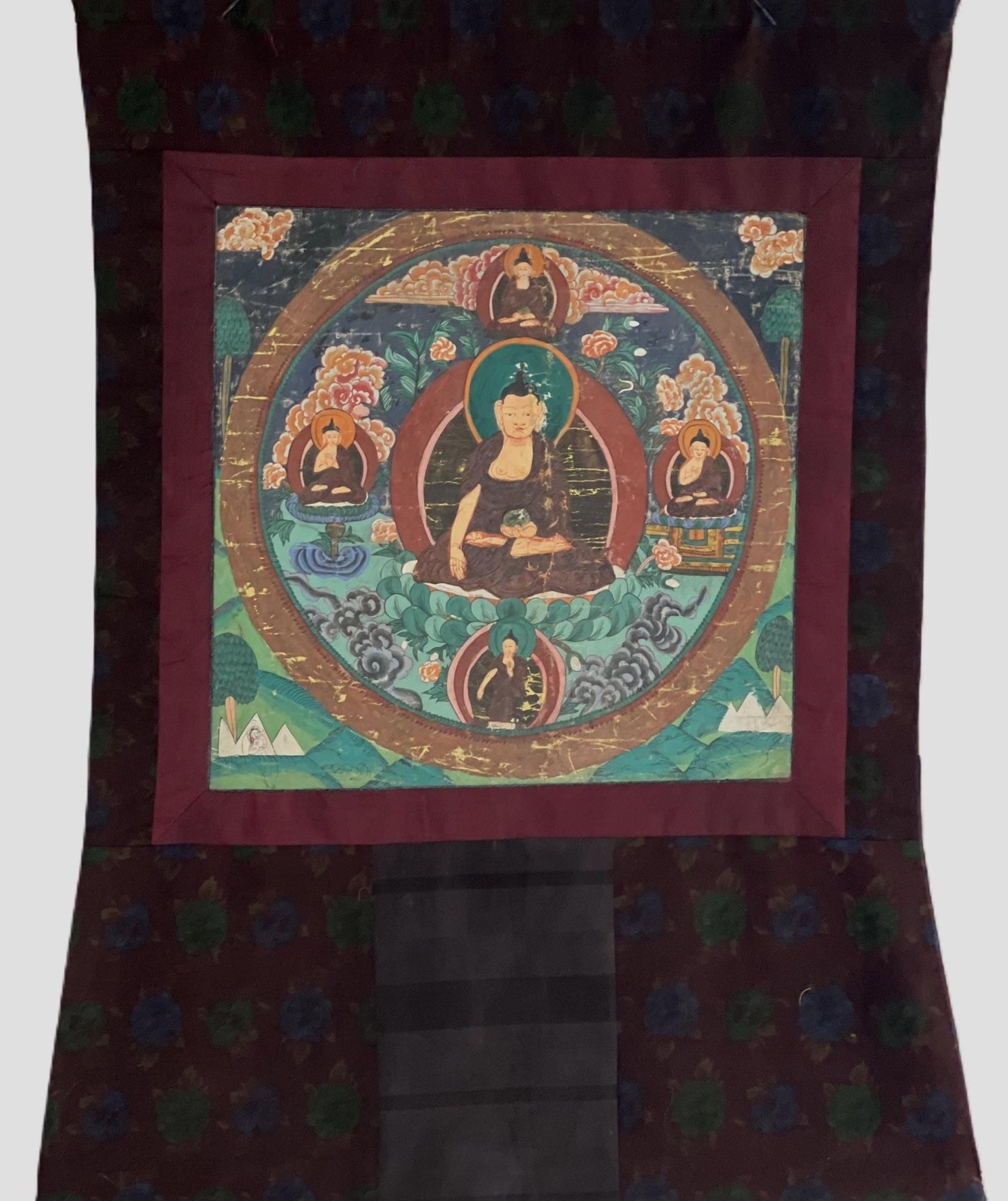 Shakyamuni Buddha With Dharma Protector | Vintage with significant signs of Aging | Original Tibetan Thangka Painting with Narrow Border - Tibetan Thangka Art