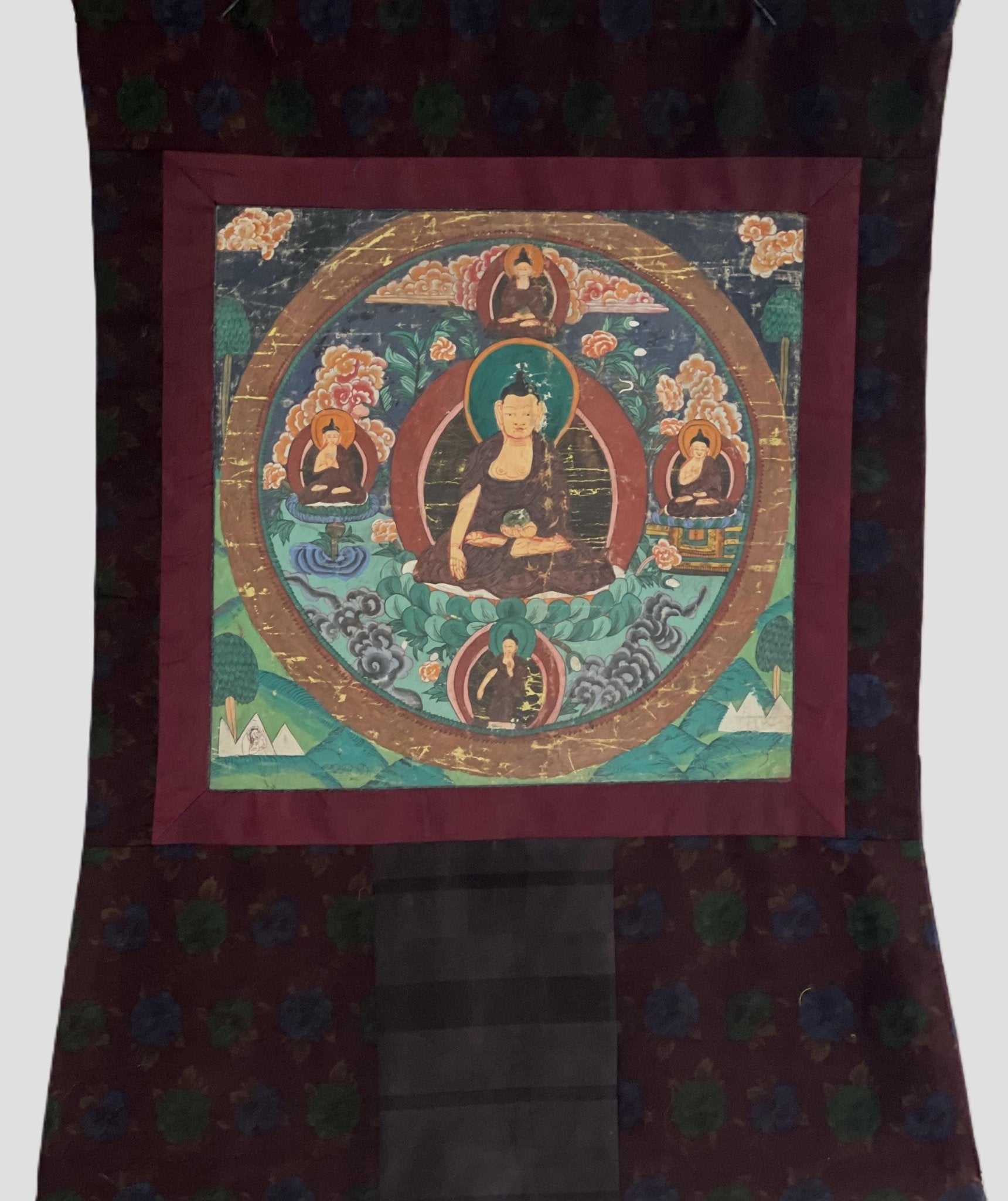 Shakyamuni Buddha With Dharma Protector | Vintage with significant signs of Aging | Original Tibetan Thangka Painting with Narrow Border - Tibetan Thangka Art