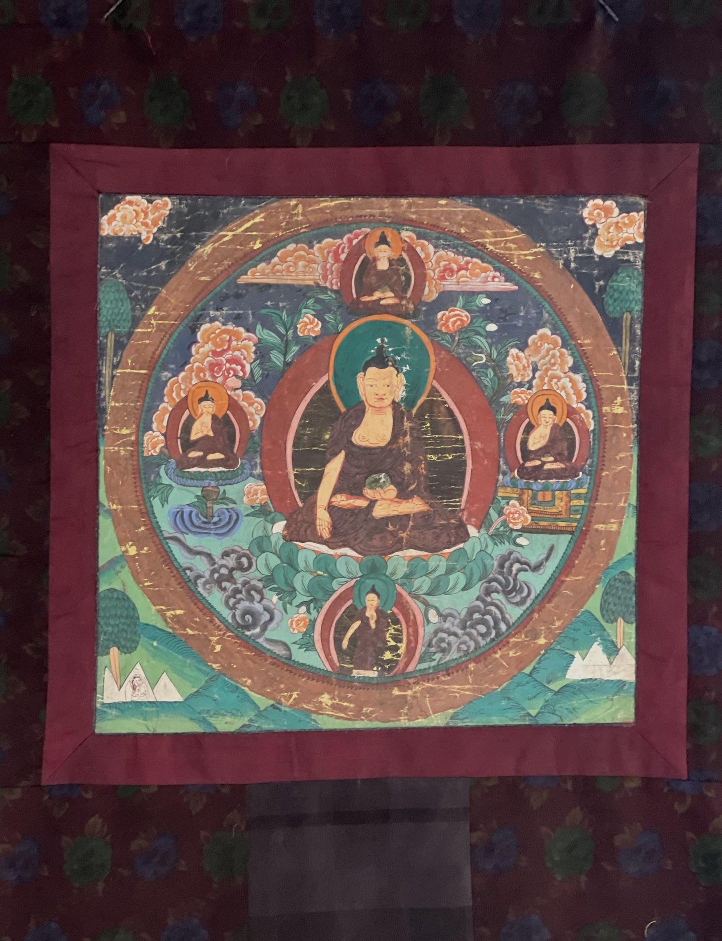 Shakyamuni Buddha With Dharma Protector | Vintage with significant signs of Aging | Original Tibetan Thangka Painting with Narrow Border - Tibetan Thangka Art