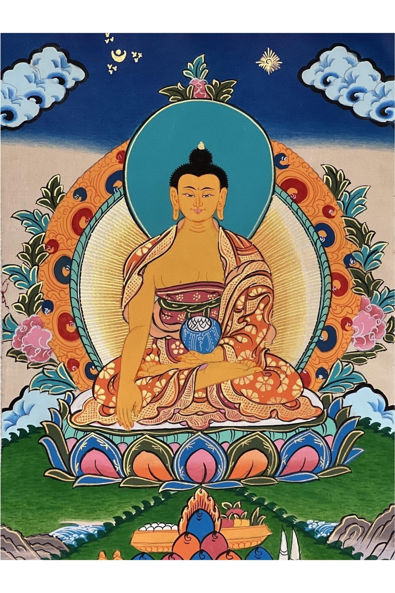 Shakyamuni/ Siddhartha Gautama Buddha Tibetan Thangka Painting Original Hand Painting Meditation Art with High - Quality Silk Frame - Tibetan Thangka Art