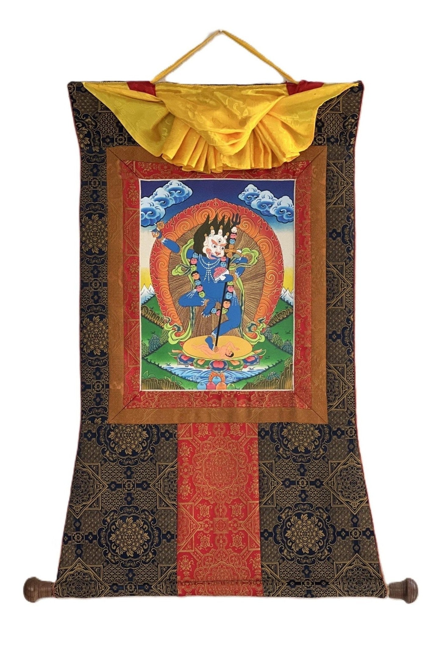 Simhamukhi/ Simhamukha/ Lion Face Dakini/Yogini/ Jogini Tibetan Thangka Painting Original Buddhist Art with Premium Silk Brocade - Tibetan Thangka Art