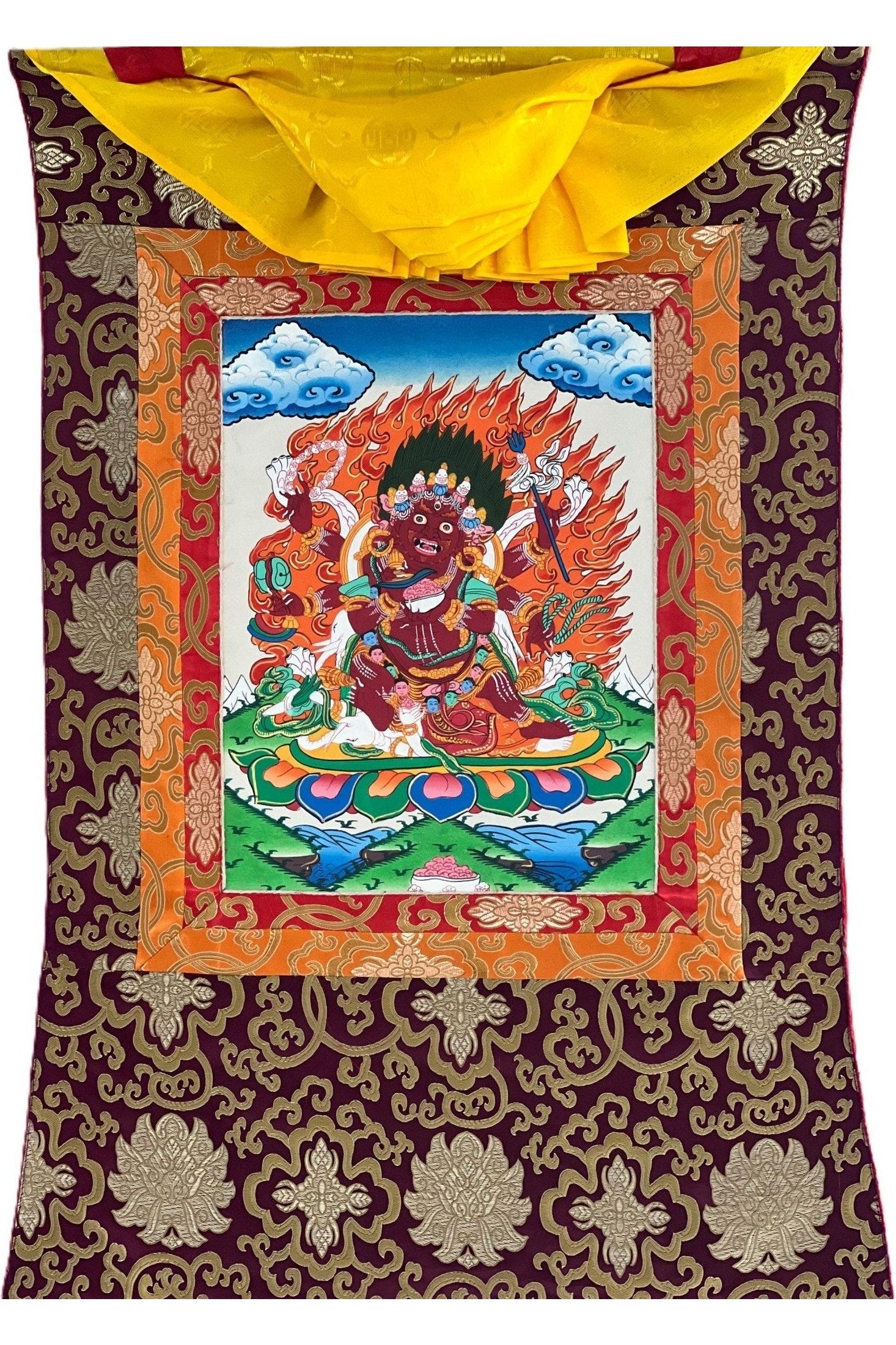 Six - Armed Mahakala / Kalabhairava Tibetan Thangka Painting/ Original Buddhist Art with Silk Frame ( Brocade) - Tibetan Thangka Art