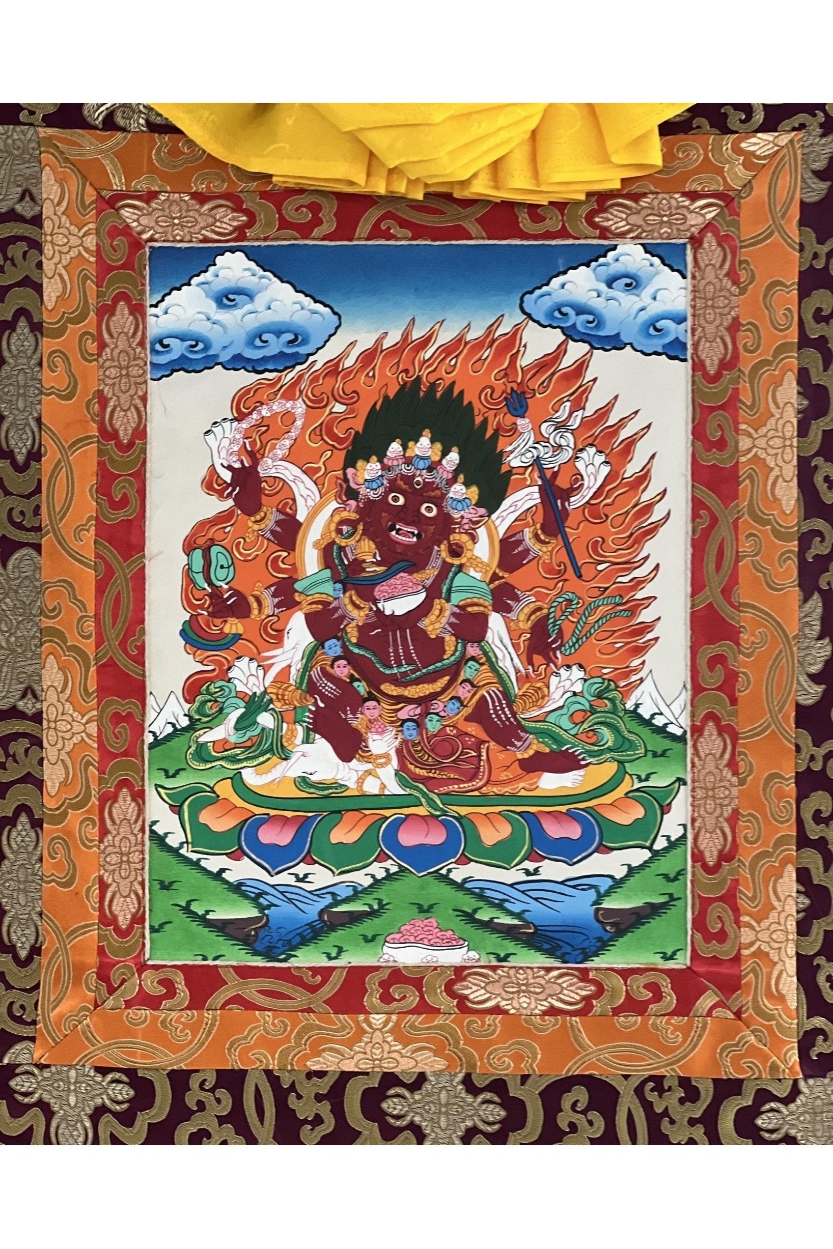 Six - Armed Mahakala / Kalabhairava Tibetan Thangka Painting/ Original Buddhist Art with Silk Frame ( Brocade) - Tibetan Thangka Art