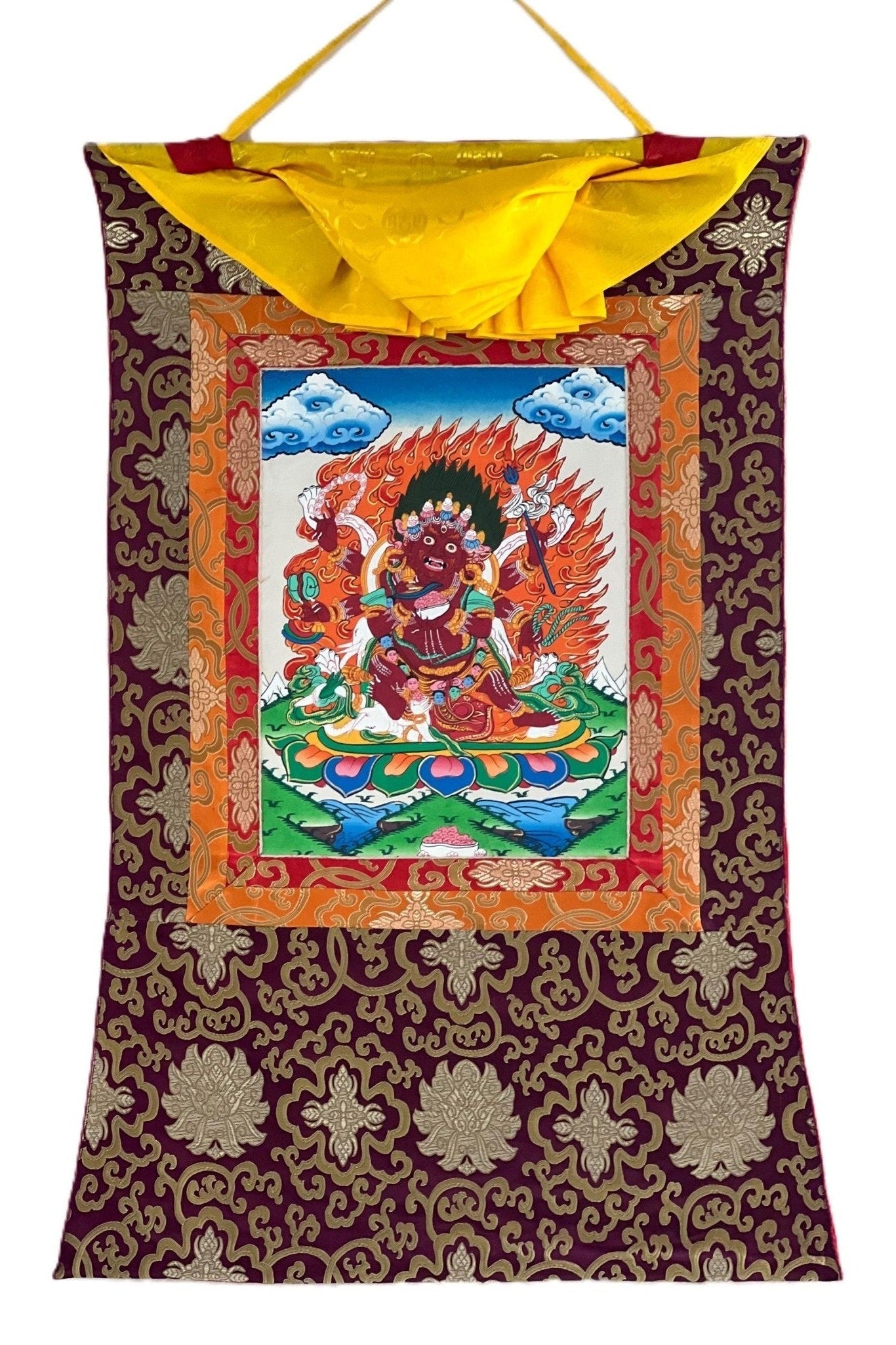 Six - Armed Mahakala / Kalabhairava Tibetan Thangka Painting/ Original Buddhist Art with Silk Frame ( Brocade) - Tibetan Thangka Art
