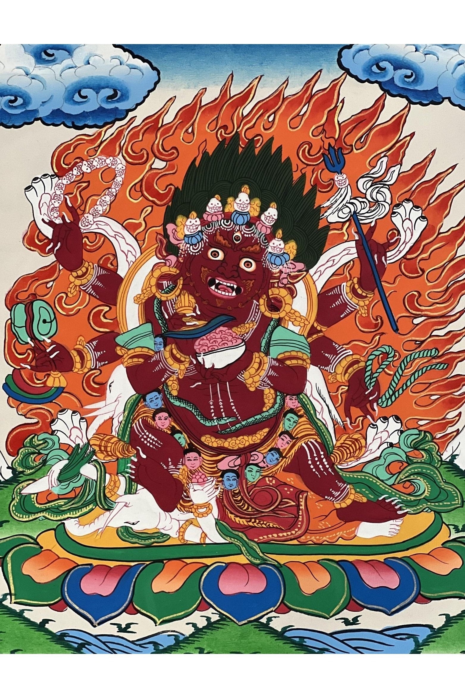 Six - Armed Mahakala / Kalabhairava Tibetan Thangka Painting/ Original Buddhist Art with Silk Frame ( Brocade) - Tibetan Thangka Art