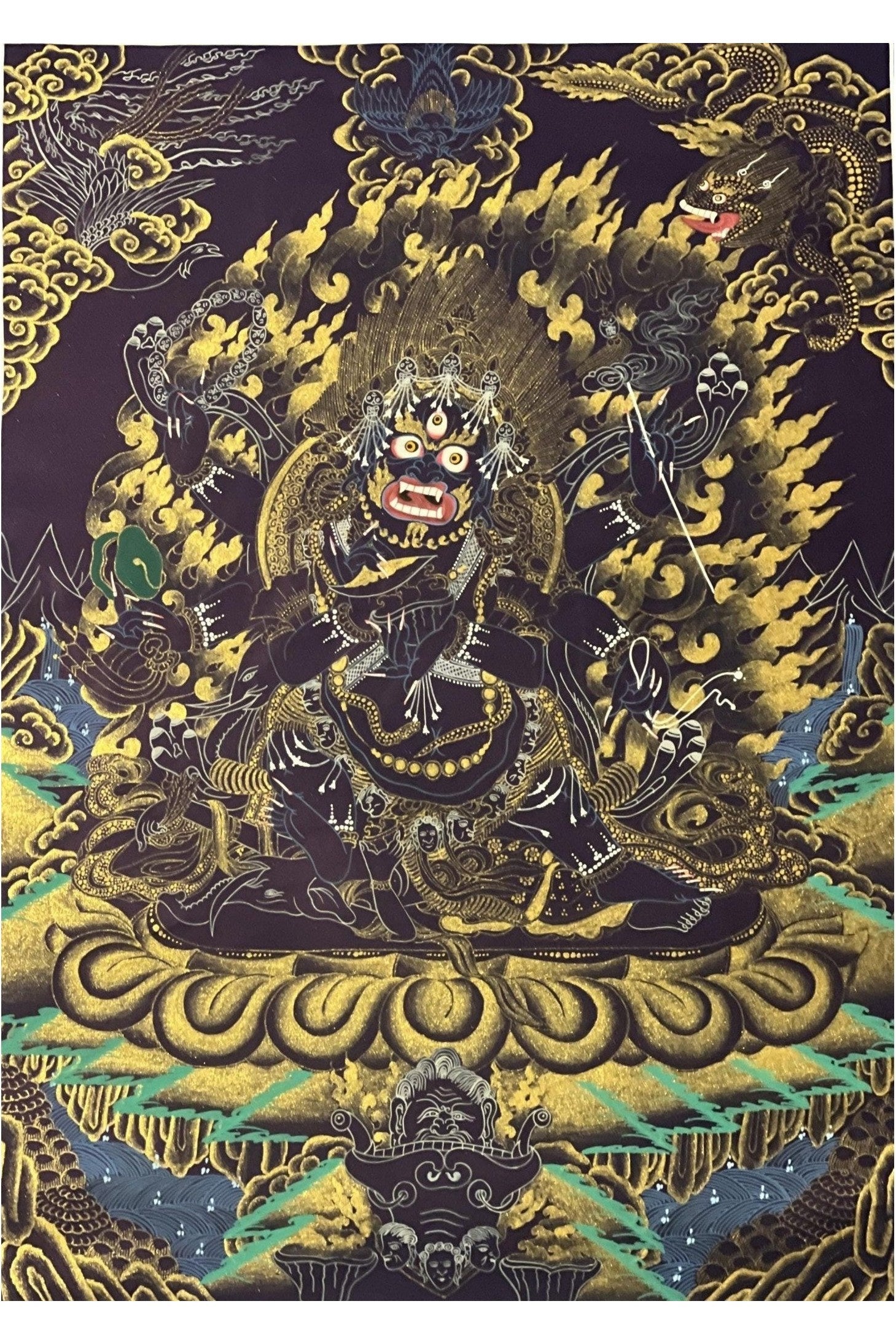 Six - Armed Mahakala/ Mahankala Thangka | Master Quality Tibetan Painting | Black and Gold Original Hand - Painted Buddhist Art - Tibetan Thangka Art