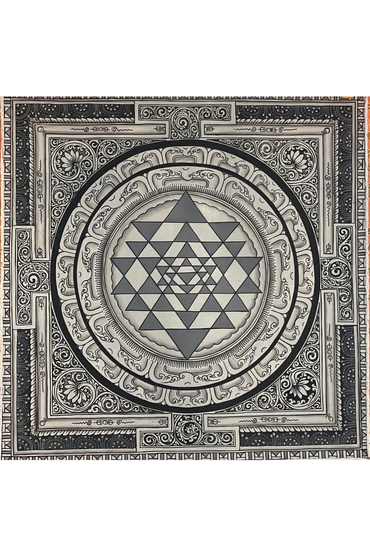 Sriyantra/ Shri Yantra or Shri Chakara Mandala Newari Paubha/Pauva Thangka Painting Original Art for Positivity Energy with Silk Frame - Tibetan Thangka Art