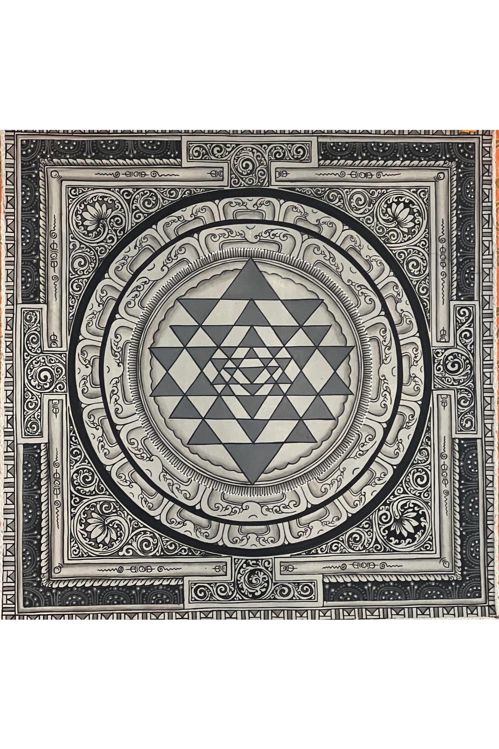 Sriyantra/ Shri Yantra or Shri Chakara Mandala Newari Paubha/Pauva Thangka Painting Original Art for Positivity Energy with Silk Frame - Tibetan Thangka Art