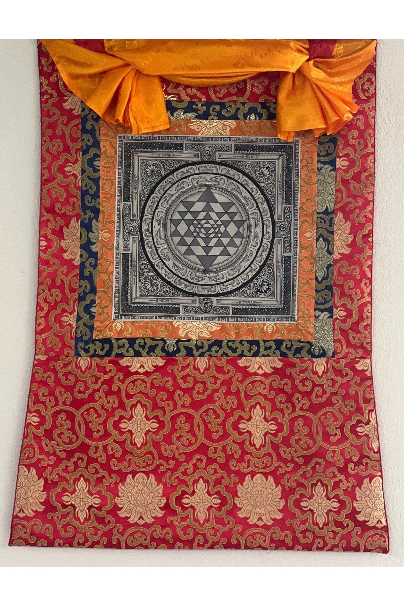 Sriyantra/ Shri Yantra or Shri Chakara Mandala Newari Paubha/Pauva Thangka Painting Original Art for Positivity Energy with Silk Frame - Tibetan Thangka Art