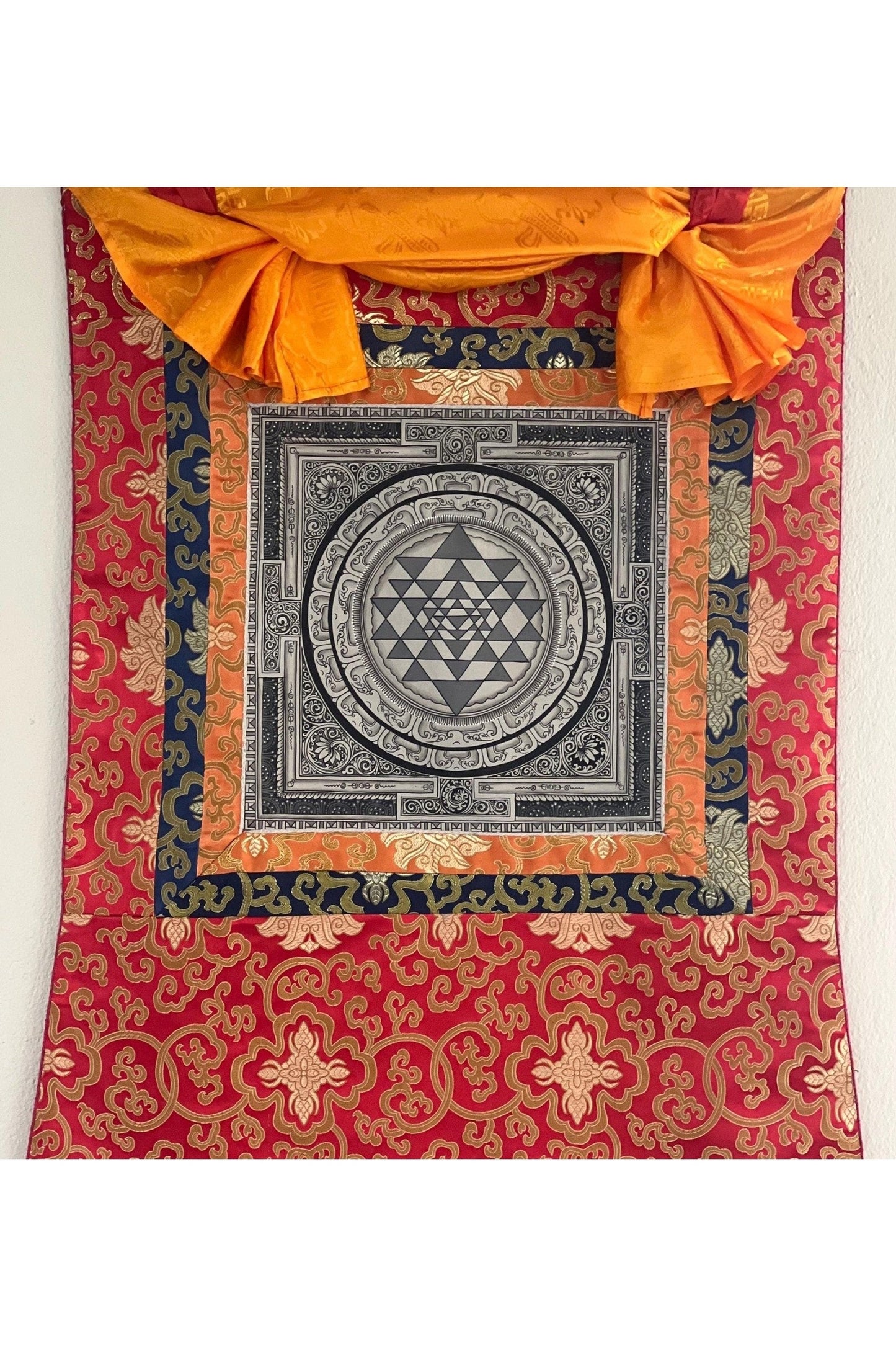 Sriyantra/ Shri Yantra or Shri Chakara Mandala Newari Paubha/Pauva Thangka Painting Original Art for Positivity Energy with Silk Frame - Tibetan Thangka Art