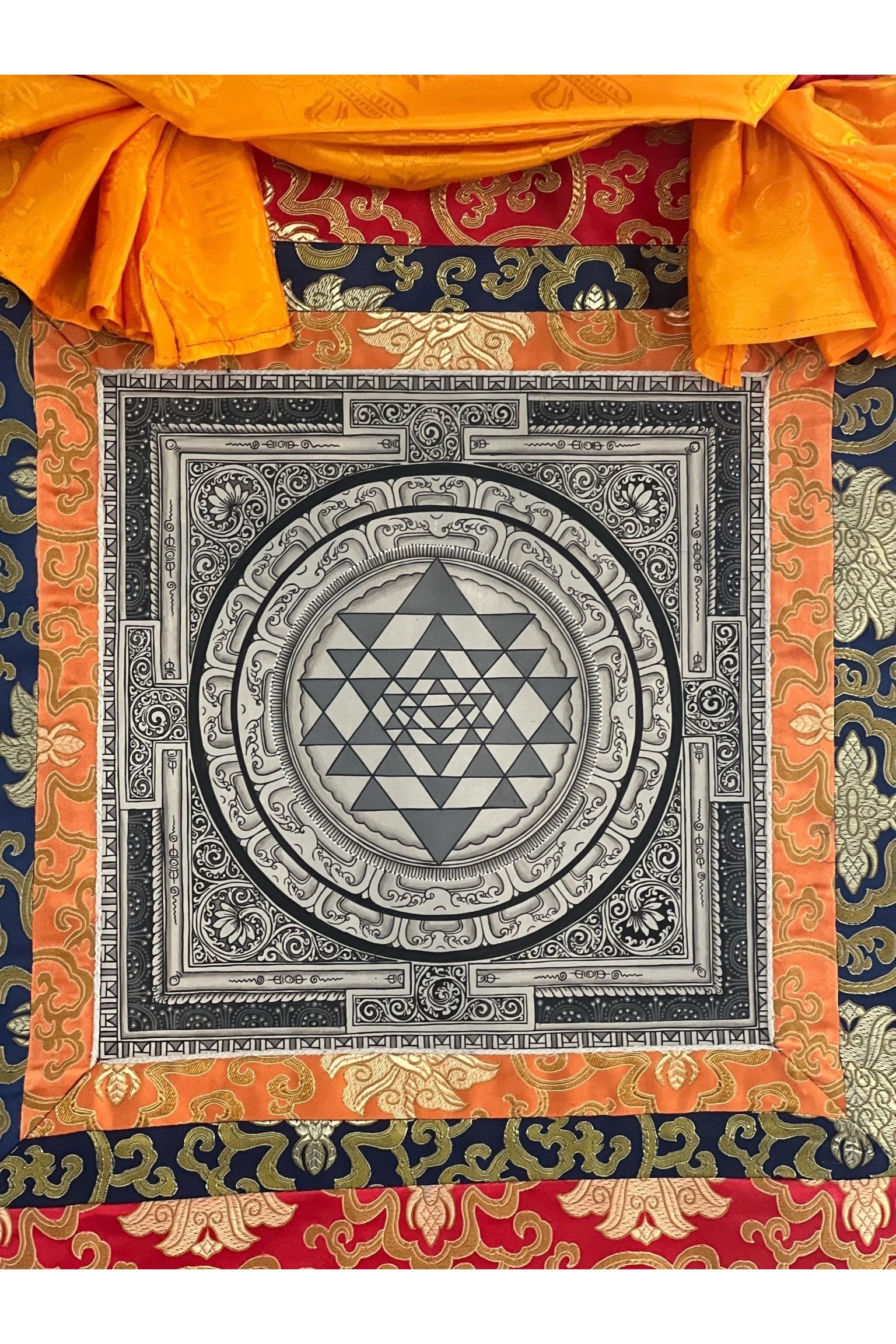 Sriyantra/ Shri Yantra or Shri Chakara Mandala Newari Paubha/Pauva Thangka Painting Original Art for Positivity Energy with Silk Frame - Tibetan Thangka Art