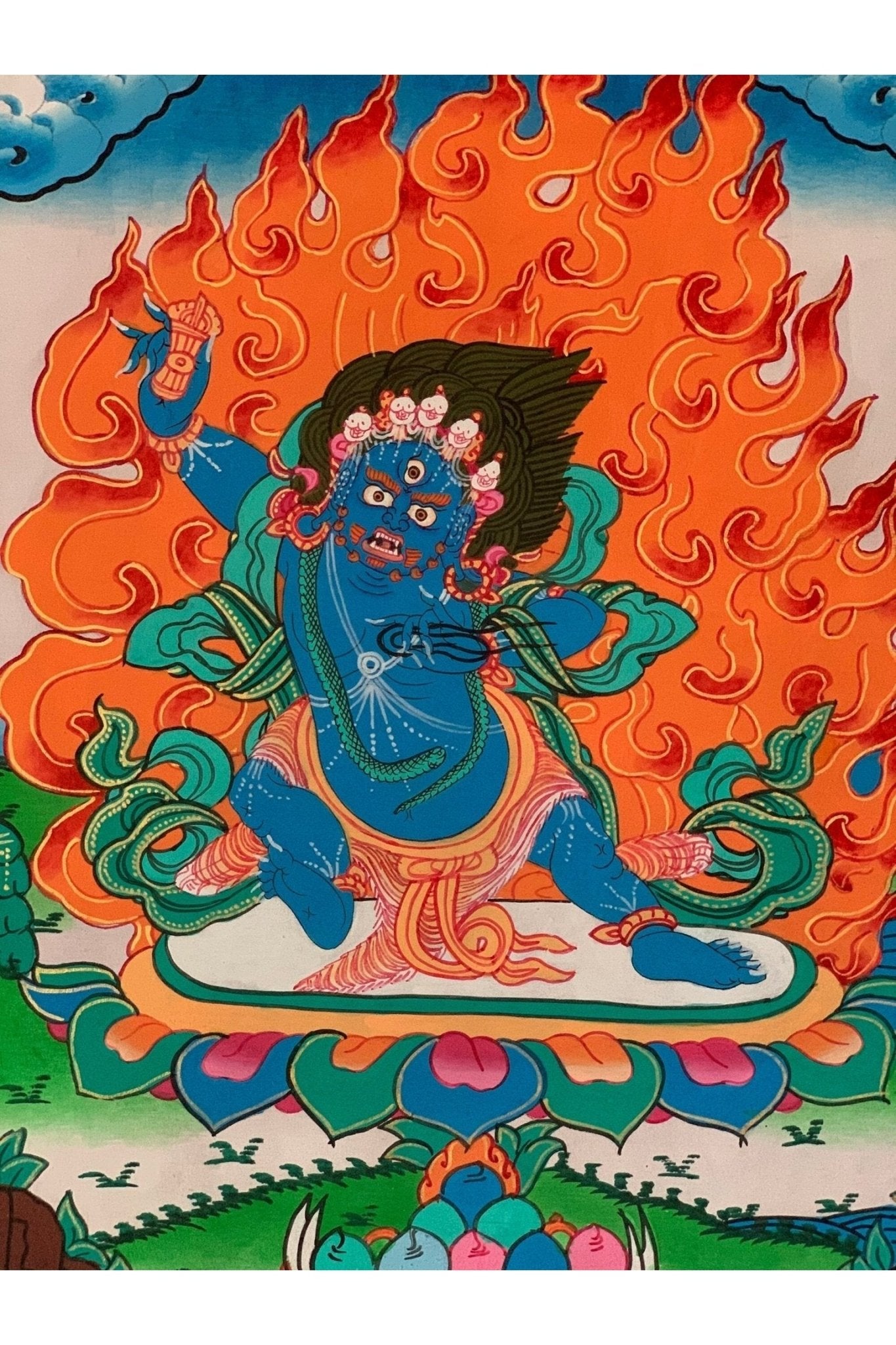 Vajrapani/Dharma Protector/ Thunderbolt - Wielder/ Tibetan Thangka Painting, Original Art with Silk Frame ( Brocade) - Tibetan Thangka Art