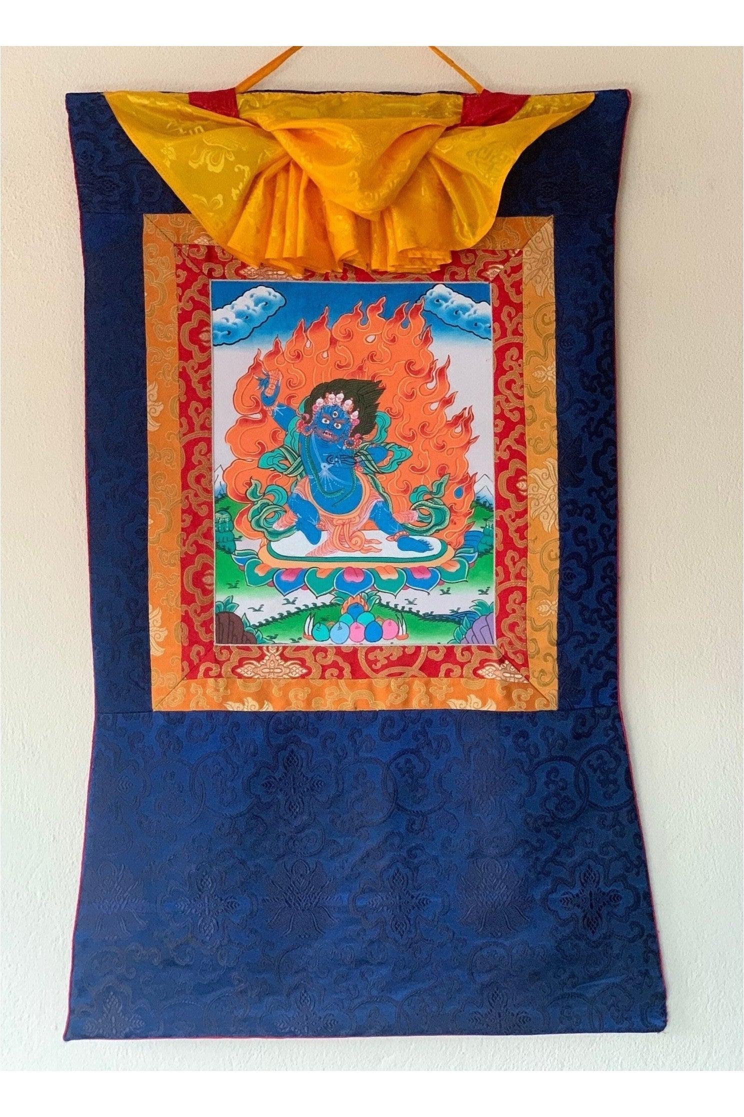 Vajrapani/Dharma Protector/ Thunderbolt - Wielder/ Tibetan Thangka Painting, Original Art with Silk Frame ( Brocade) - Tibetan Thangka Art