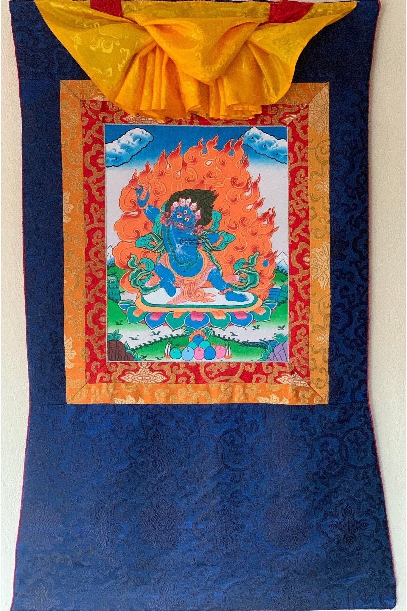 Vajrapani/Dharma Protector/ Thunderbolt - Wielder/ Tibetan Thangka Painting, Original Art with Silk Frame ( Brocade) - Tibetan Thangka Art