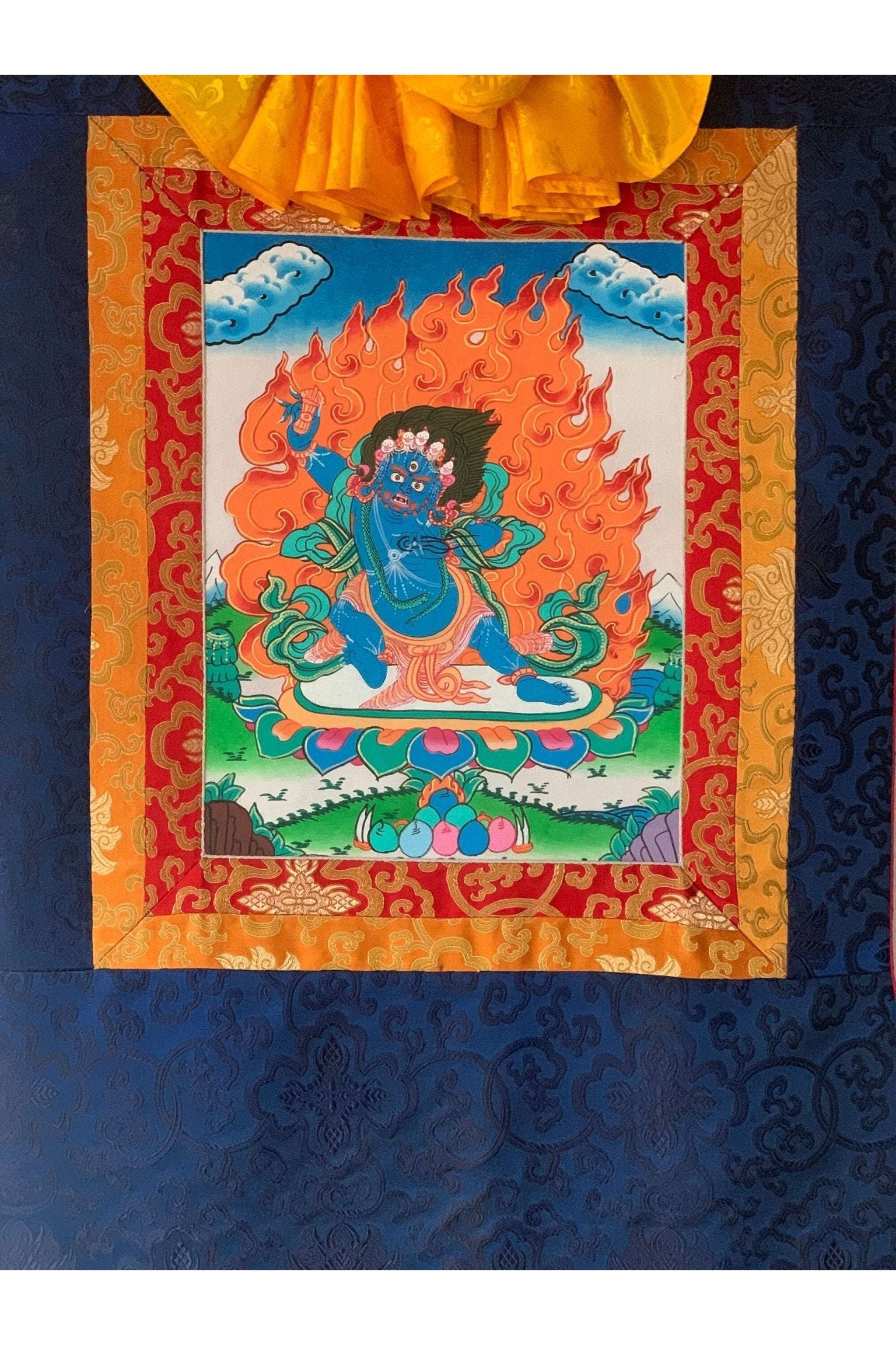 Vajrapani/Dharma Protector/ Thunderbolt - Wielder/ Tibetan Thangka Painting, Original Art with Silk Frame ( Brocade) - Tibetan Thangka Art