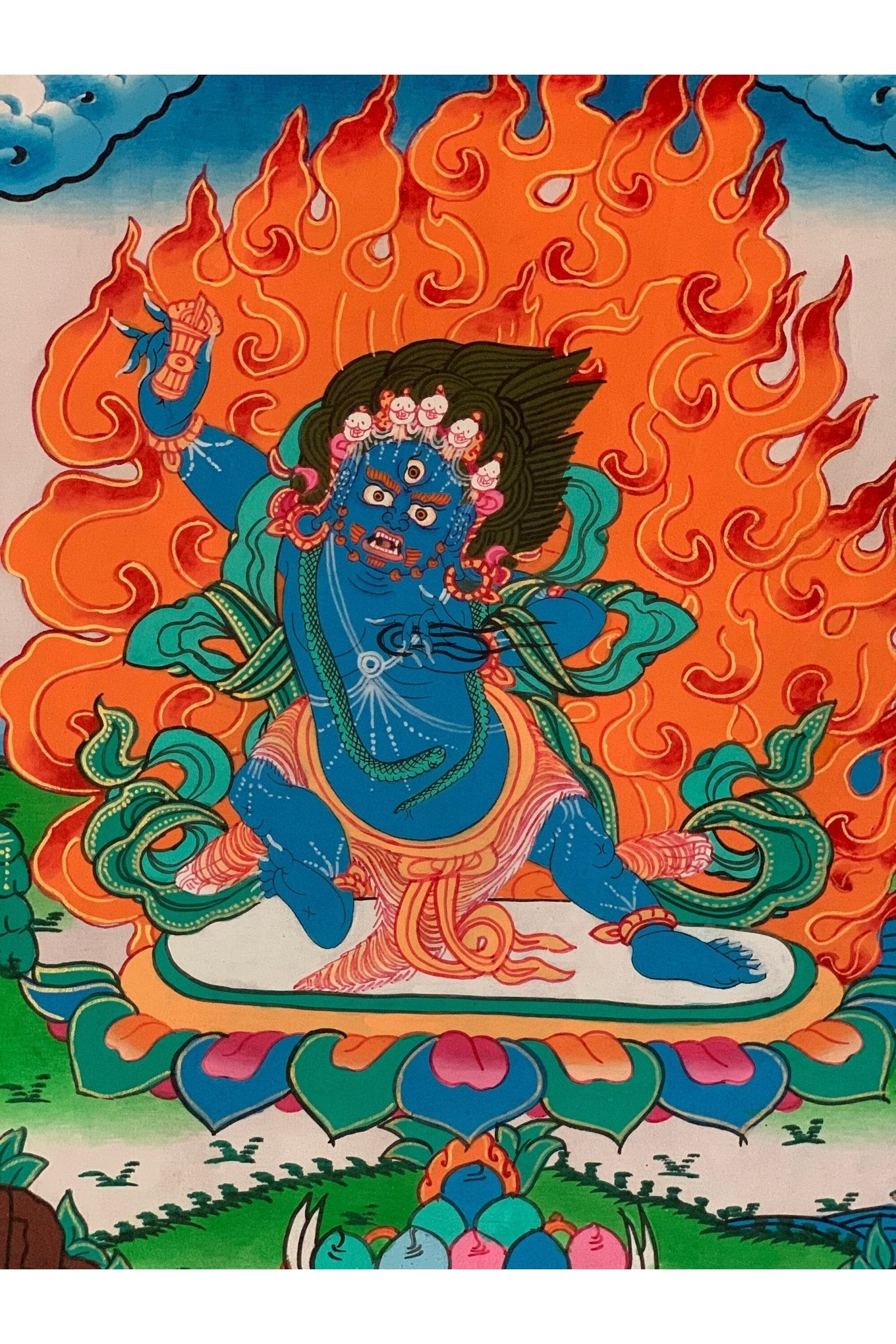 Vajrapani/Dharma Protector/ Thunderbolt - Wielder/ Tibetan Thangka Painting, Original Art with Silk Frame ( Brocade) - Tibetan Thangka Art