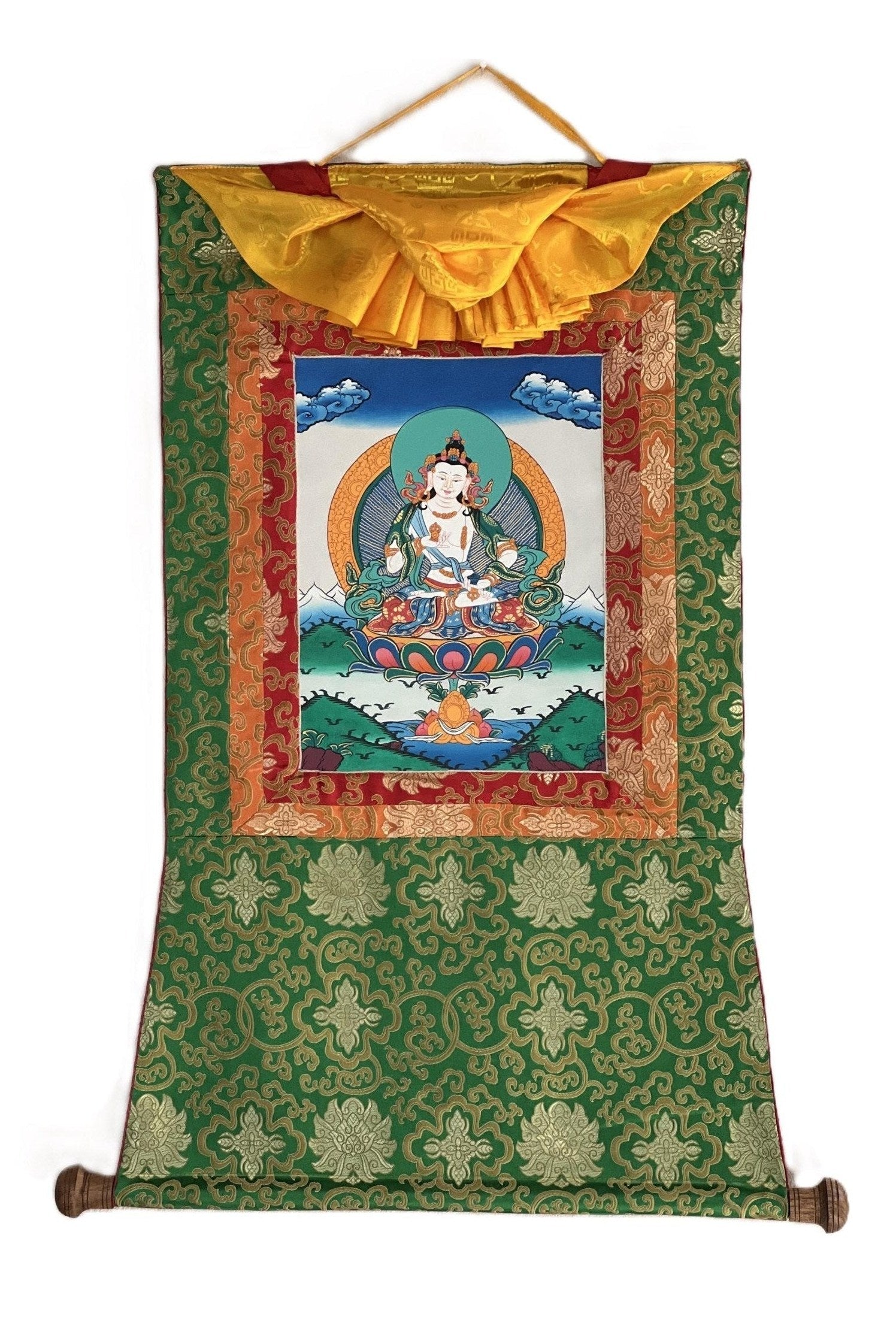 Vajrasattva/ Dorje Sempa/ Dhyani Buddha/ Bodhisattva of Compassion Tibetan Thangka Painting Original Hand - painted Art with Silk Brocade - Tibetan Thangka Art