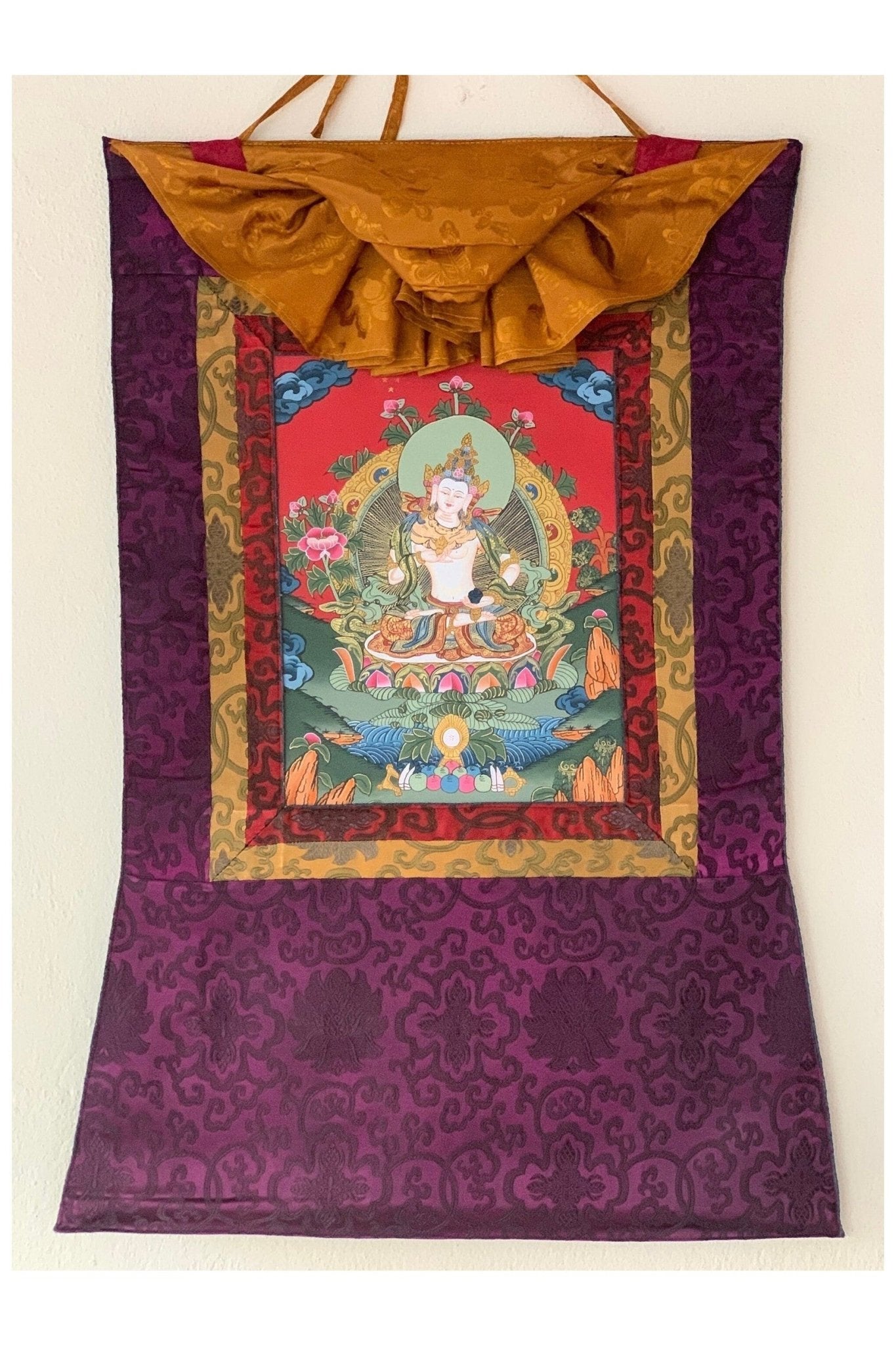 Vajrasattva/ Dorje Sempa/ Dhyani Buddha Tibetan Thangka Painting, Original Buddhist Art/Hand Painting with Silk Brocade - Tibetan Thangka Art