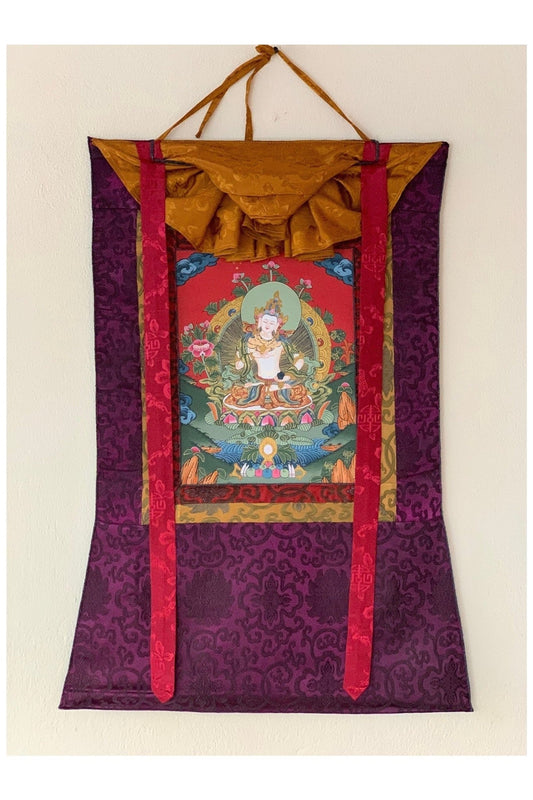 Vajrasattva/ Dorje Sempa/ Dhyani Buddha Tibetan Thangka Painting, Original Buddhist Art/Hand Painting with Silk Brocade - Tibetan Thangka Art