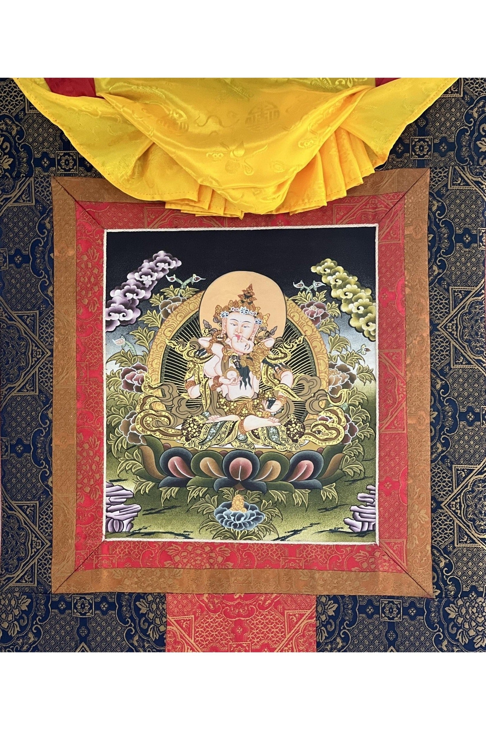 Vajrasattva Shakti/ Divine Union YabYum Embrace Tibetan Thangka Painting/ Original Buddhist Art with Premium Silk Brocade - Tibetan Thangka Art