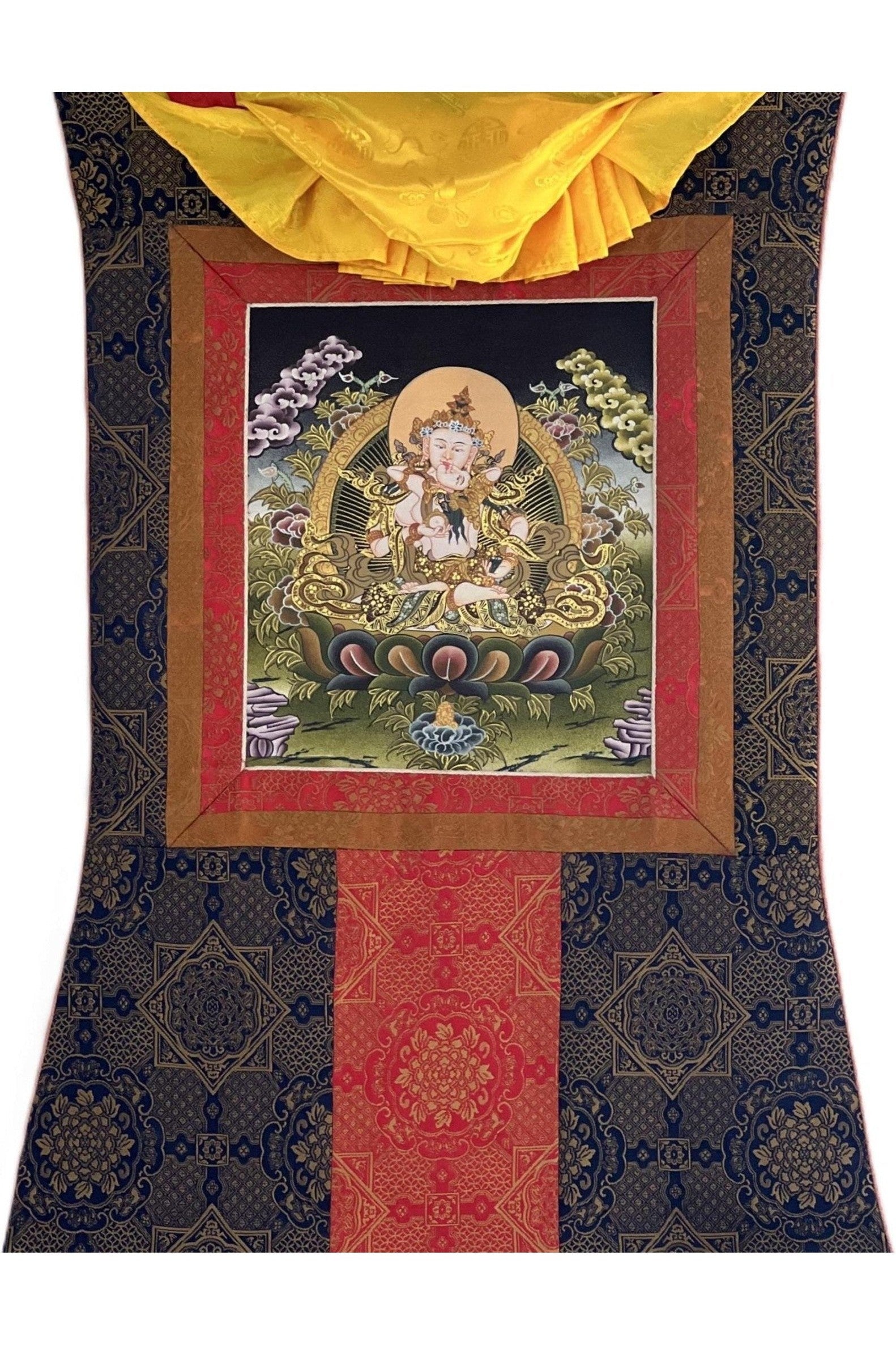 Vajrasattva Shakti/ Divine Union YabYum Embrace Tibetan Thangka Painting/ Original Buddhist Art with Premium Silk Brocade - Tibetan Thangka Art