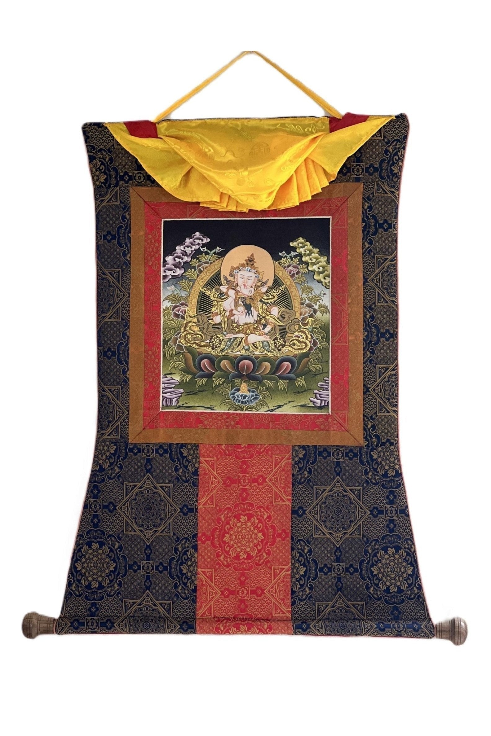 Vajrasattva Shakti/ Divine Union YabYum Embrace Tibetan Thangka Painting/ Original Buddhist Art with Premium Silk Brocade - Tibetan Thangka Art
