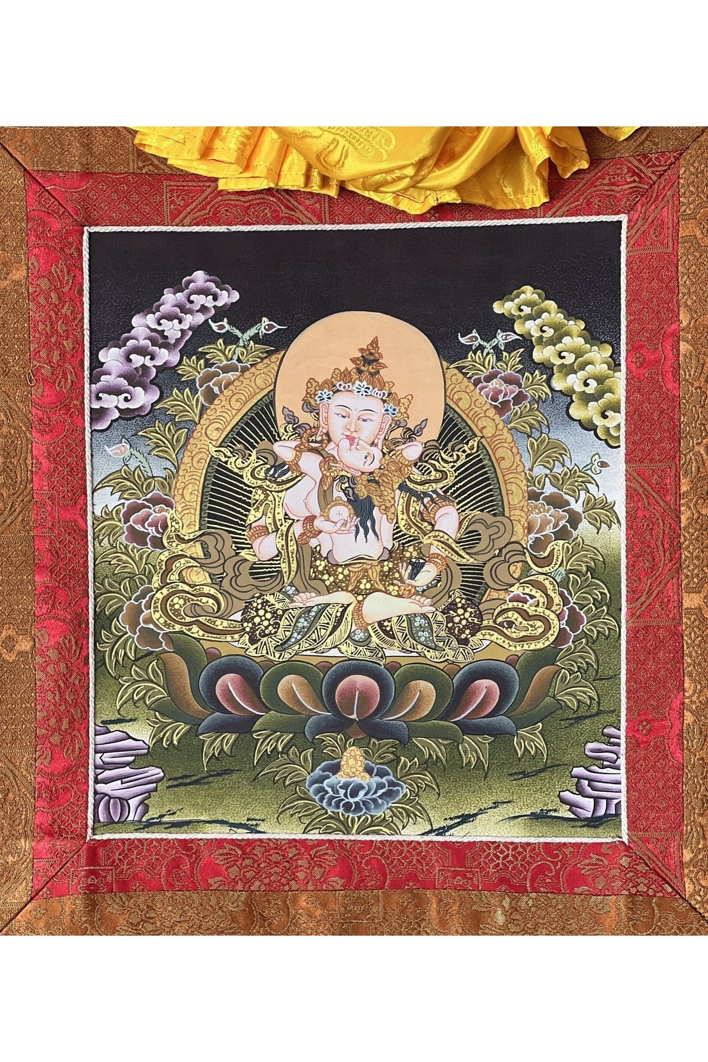 Vajrasattva Shakti/ Divine Union YabYum Embrace Tibetan Thangka Painting/ Original Buddhist Art with Premium Silk Brocade - Tibetan Thangka Art