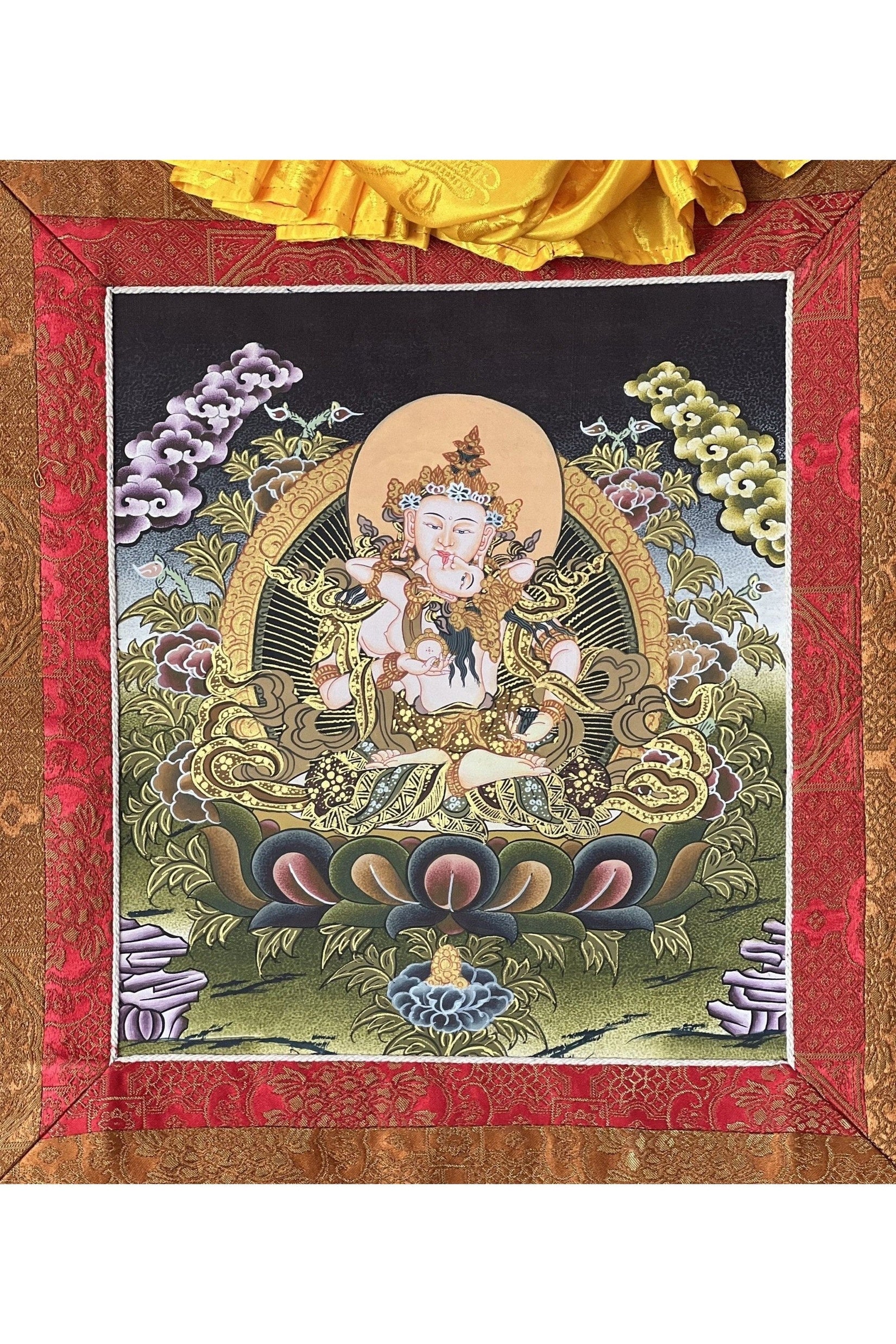 Vajrasattva Shakti/ Divine Union YabYum Embrace Tibetan Thangka Painting/ Original Buddhist Art with Premium Silk Brocade - Tibetan Thangka Art