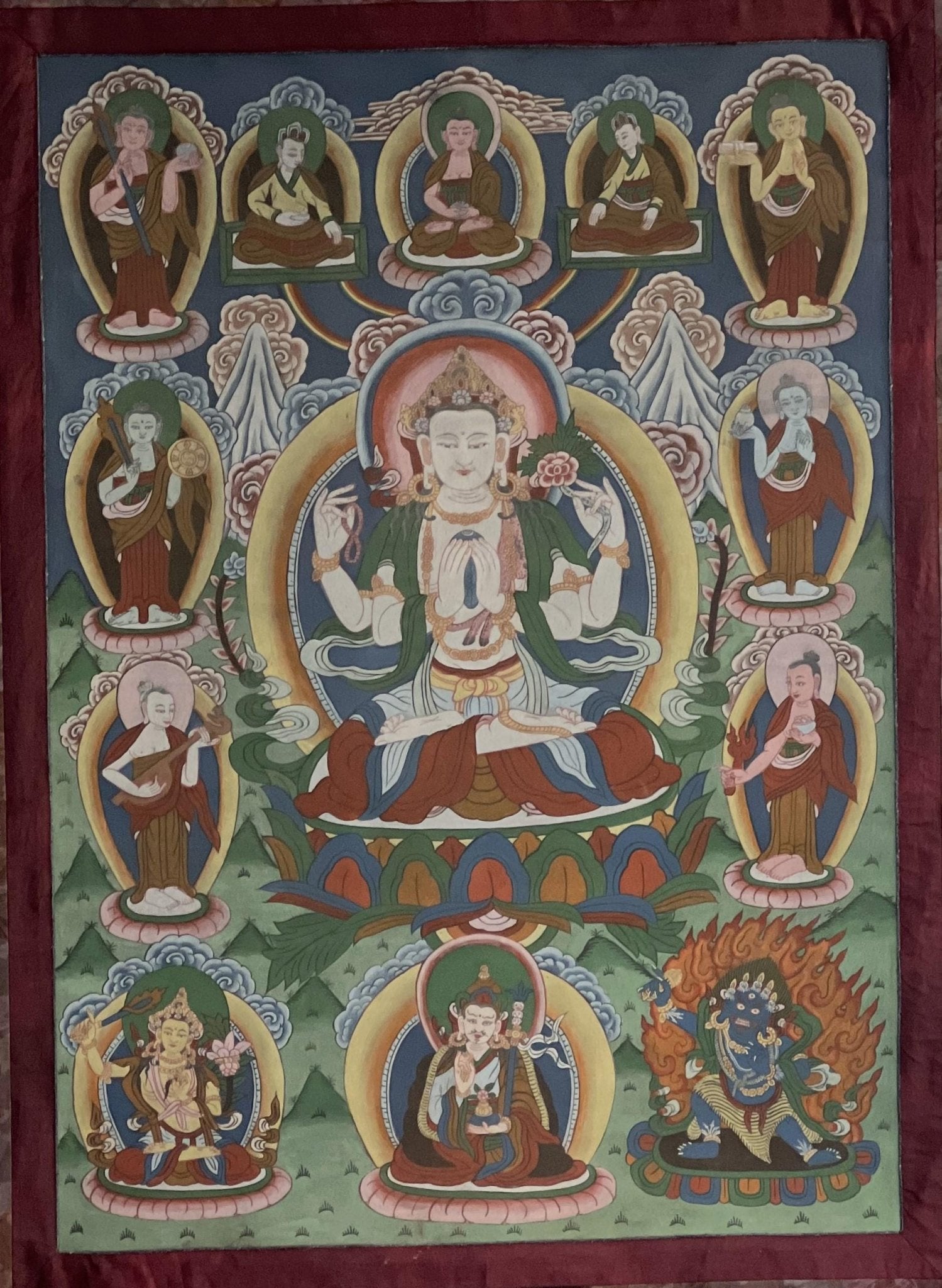 Vintage Chaturbhuja Avalokiteshvara / Chenrezig with Bodhisattvas and Guardian Deities Masterpiece Tibetan Thangka Painting With Brocade - Tibetan Thangka Art