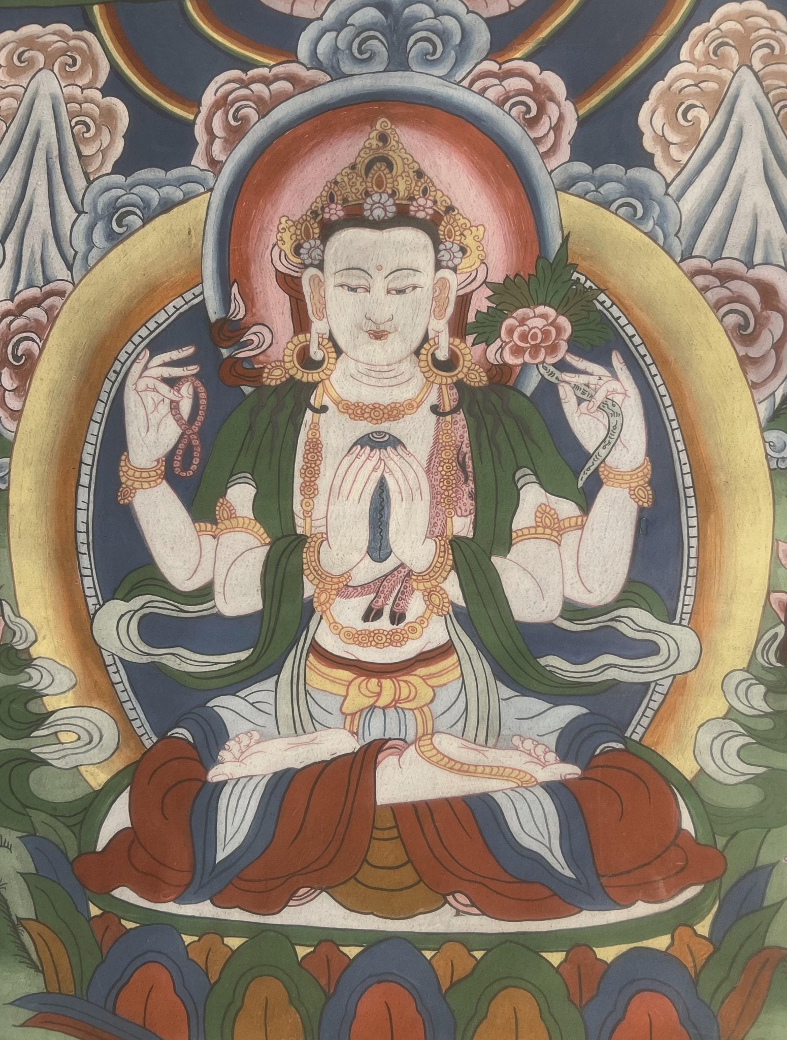 Vintage Chaturbhuja Avalokiteshvara / Chenrezig with Bodhisattvas and Guardian Deities Masterpiece Tibetan Thangka Painting With Brocade - Tibetan Thangka Art