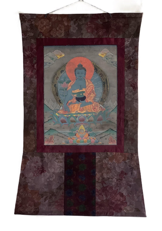 Vintage Medicine Buddha BhaisajyaGuru | Original Tibetan Thangka Painting | Wall Hanging Meditation Art with Narrow Cotton Border - Tibetan Thangka Art