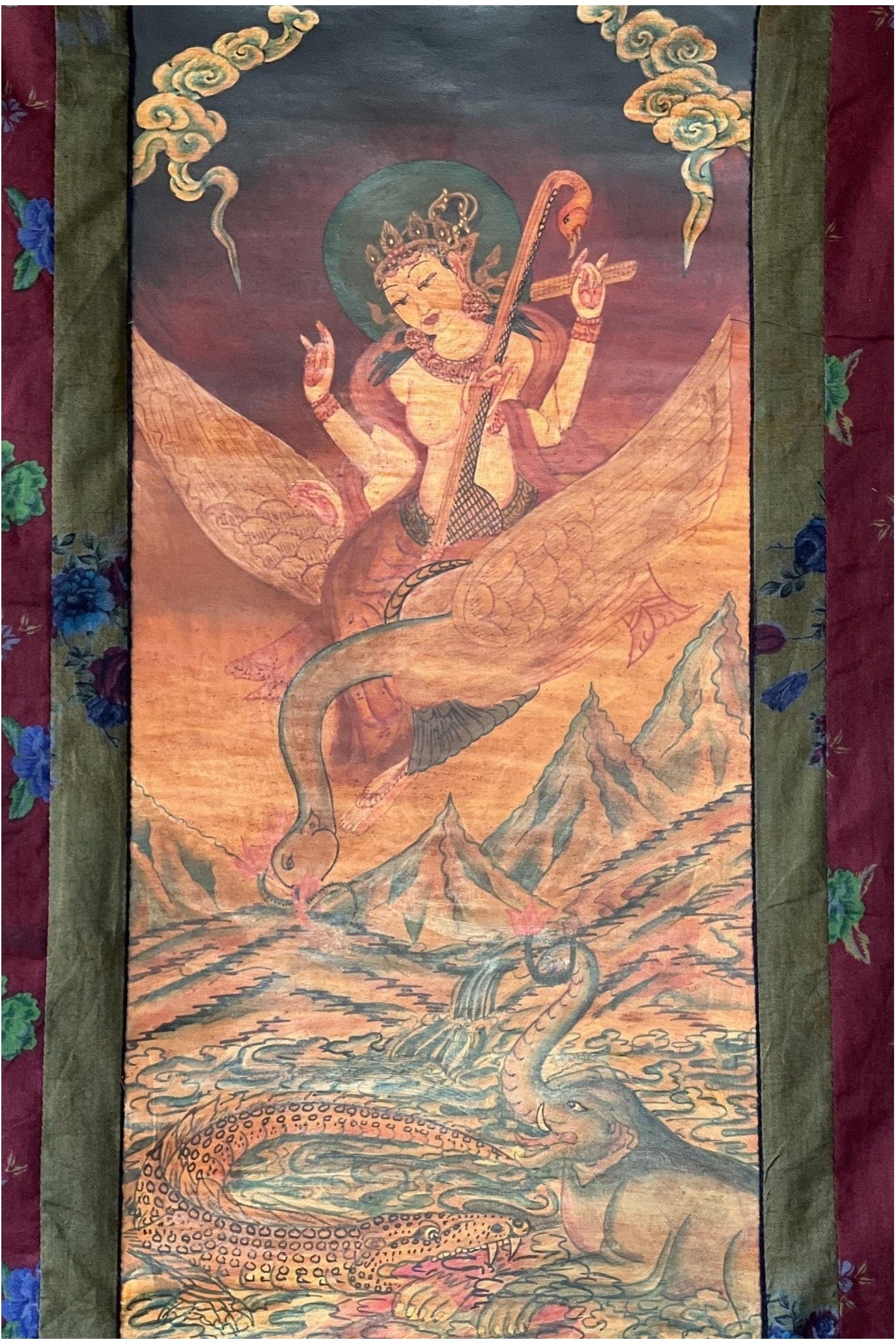 Vintage Saraswati Thangka Painting | Oil - Varnished Buddhist Art Framed with Cotton Brocade | Goddess of Knowledge, Art & Music - Tibetan Thangka Art