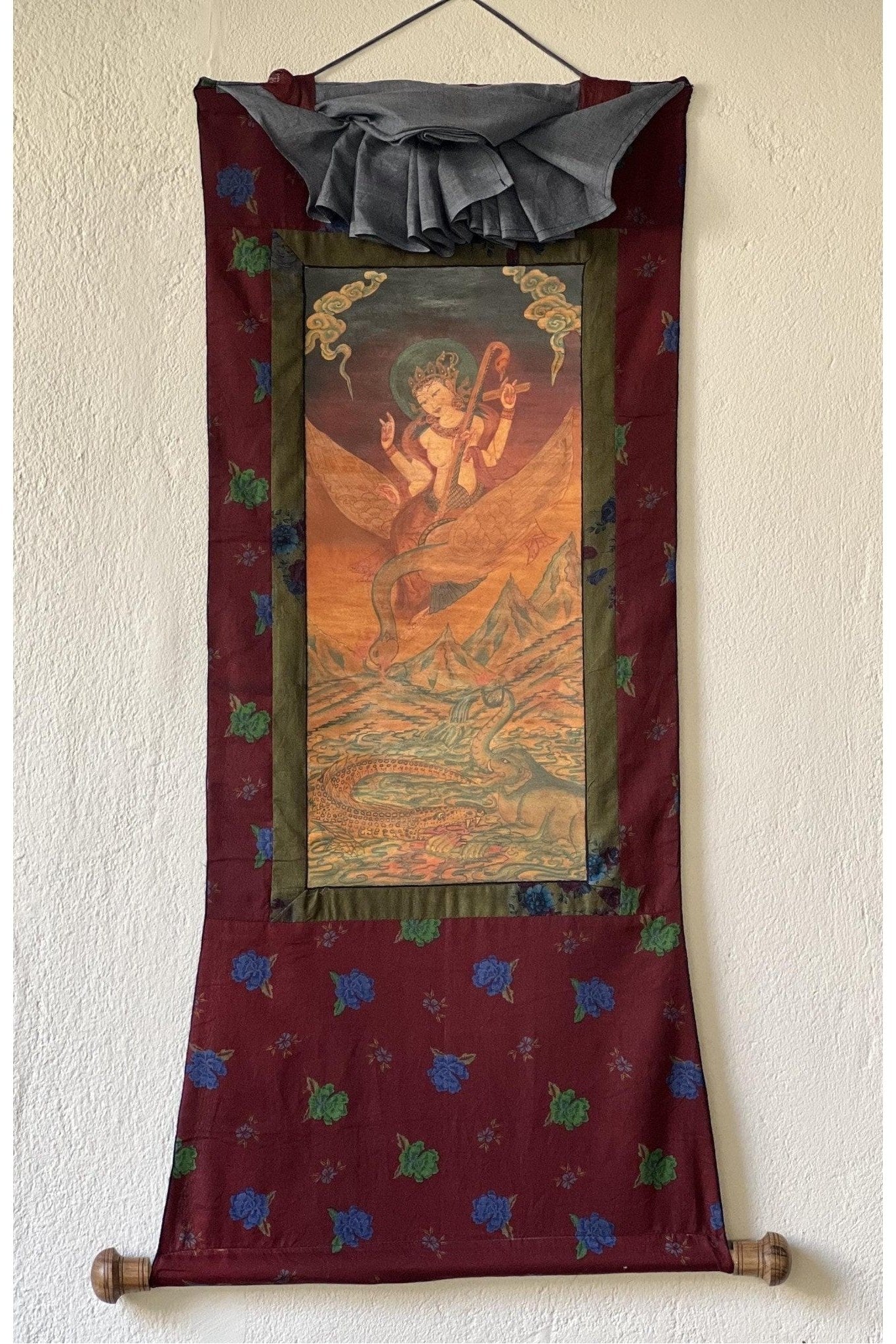 Vintage Saraswati Thangka Painting | Oil - Varnished Buddhist Art Framed with Cotton Brocade | Goddess of Knowledge, Art & Music - Tibetan Thangka Art