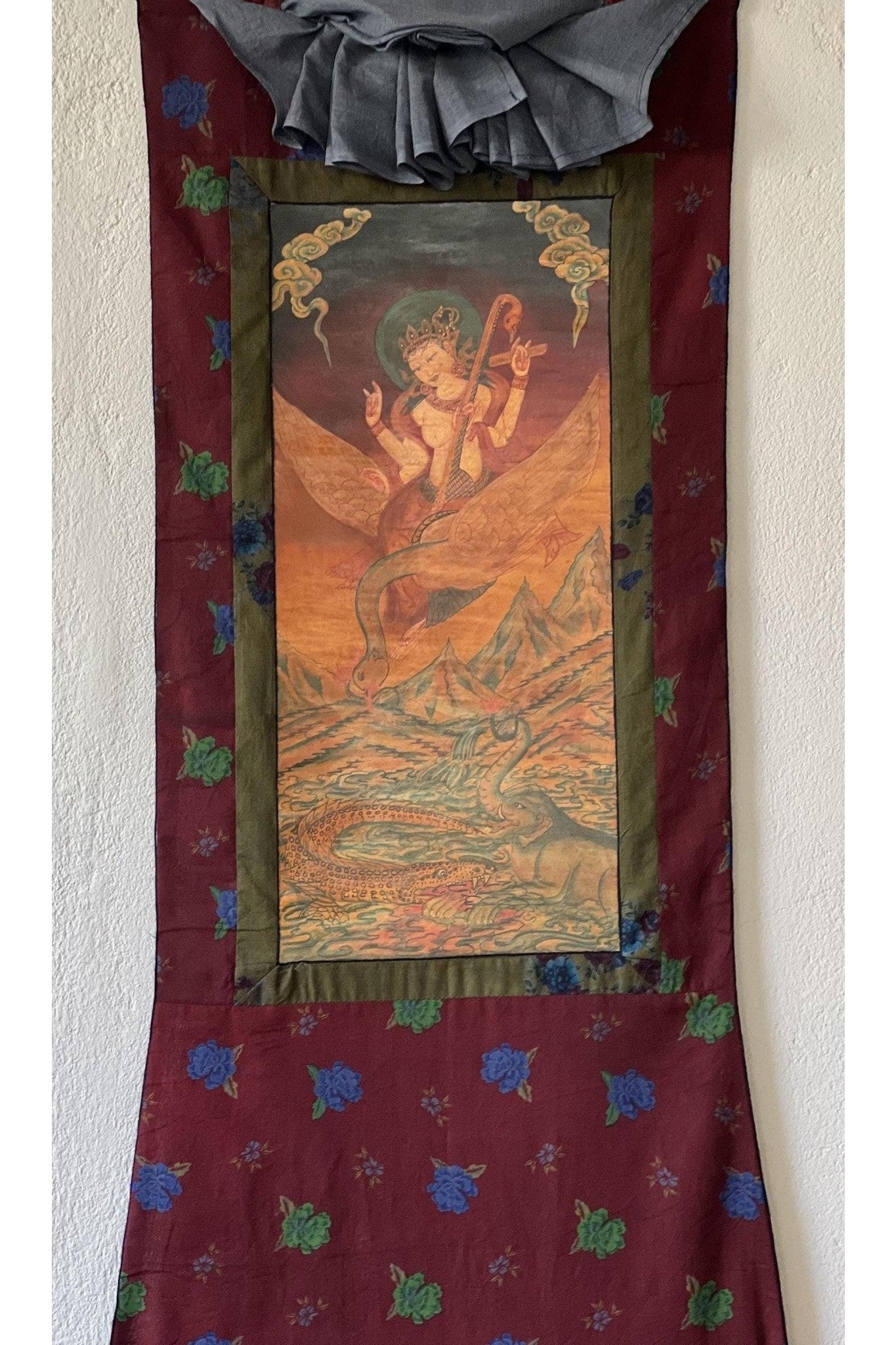 Vintage Saraswati Thangka Painting | Oil - Varnished Buddhist Art Framed with Cotton Brocade | Goddess of Knowledge, Art & Music - Tibetan Thangka Art