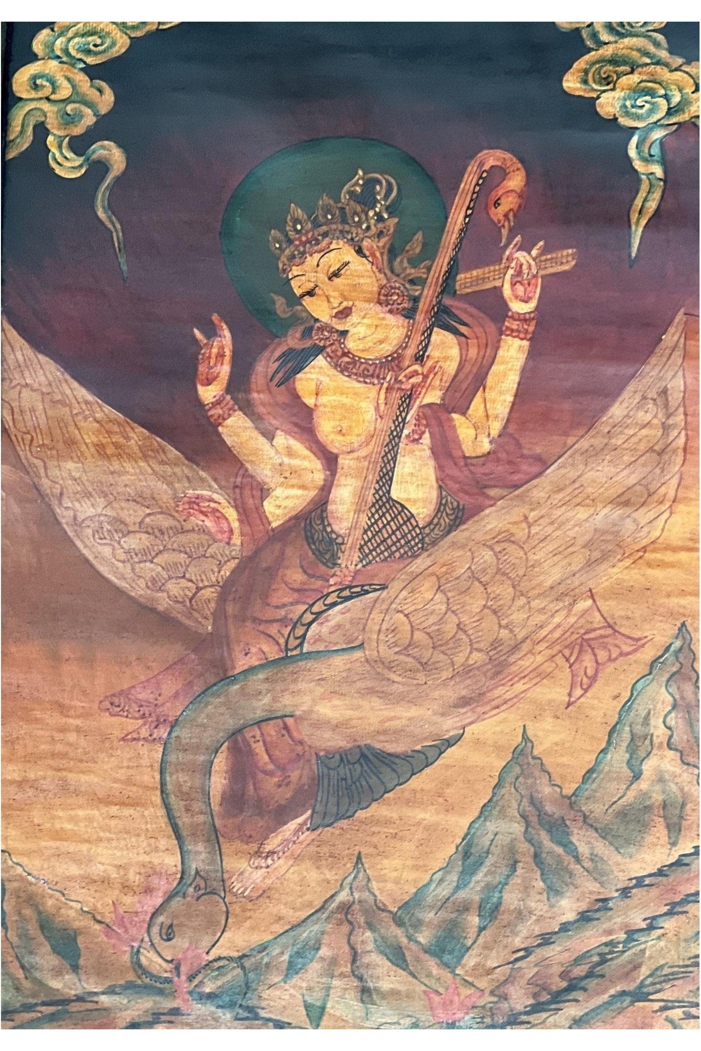 Vintage Saraswati Thangka Painting | Oil - Varnished Buddhist Art Framed with Cotton Brocade | Goddess of Knowledge, Art & Music - Tibetan Thangka Art