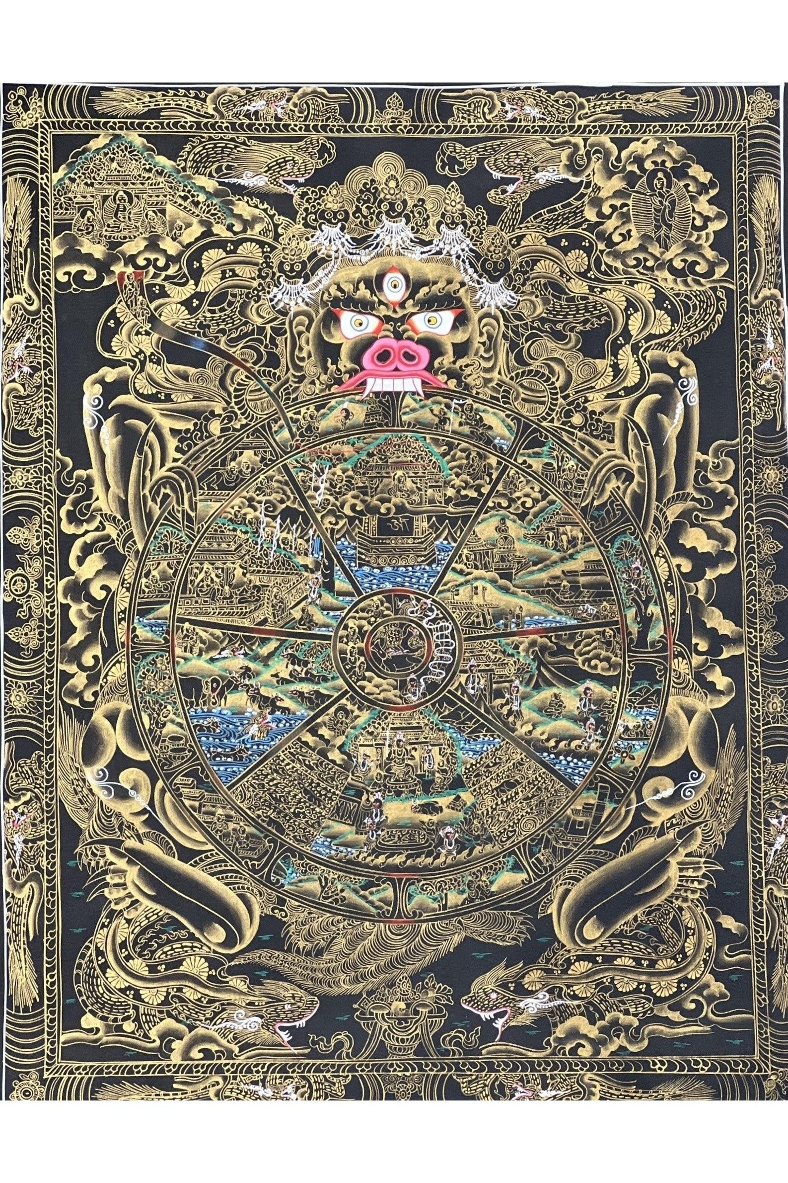 Wheel of Life/ Bhavacakra / Samsara Chakra/ Riduk Mandala Masterpiece Black and Gold Original Tibetan Thangka Painting / Wall Hanging - Tibetan Thangka Art