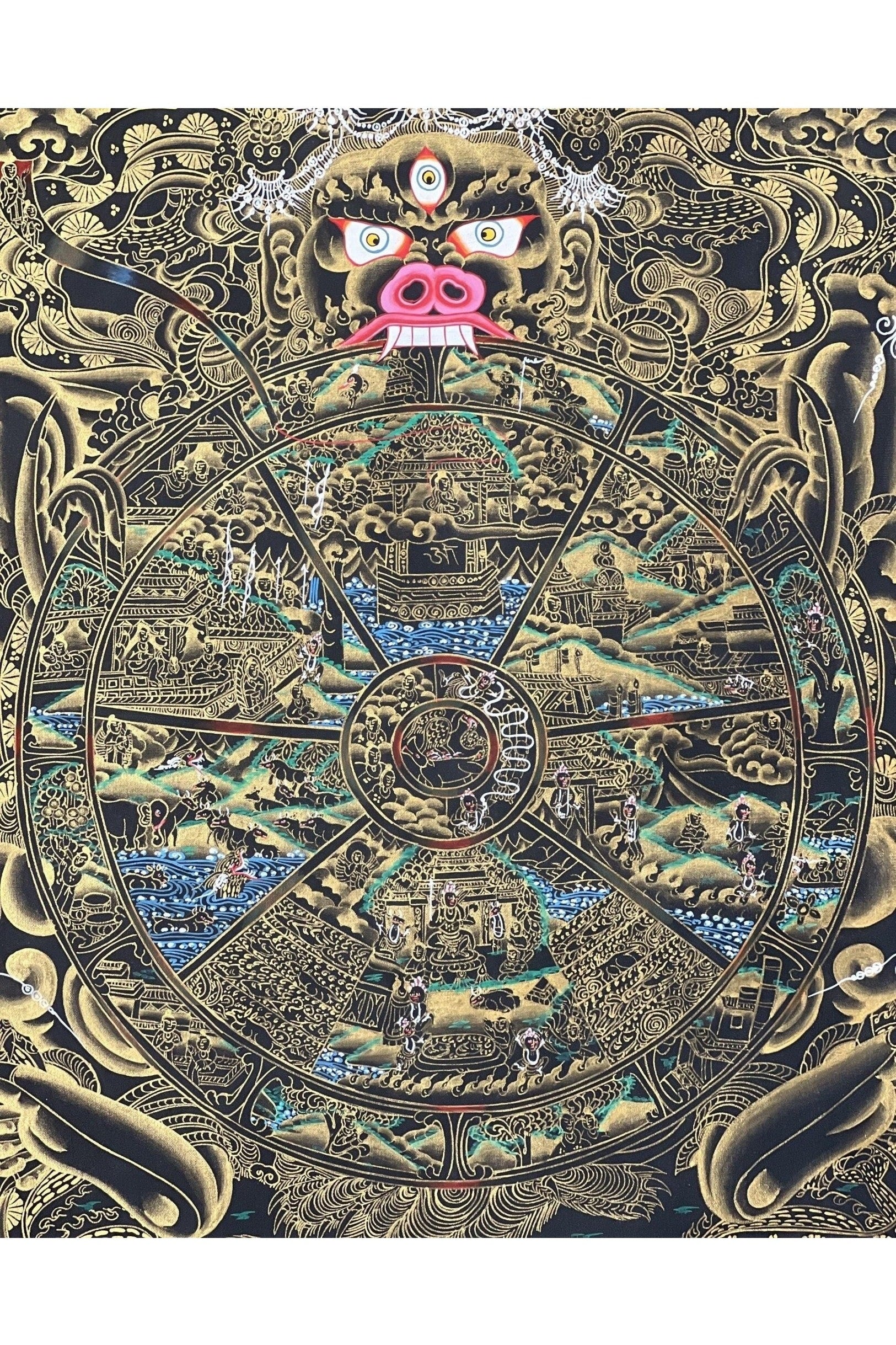 Wheel of Life/ Bhavacakra / Samsara Chakra/ Riduk Mandala Masterpiece Black and Gold Original Tibetan Thangka Painting / Wall Hanging - Tibetan Thangka Art
