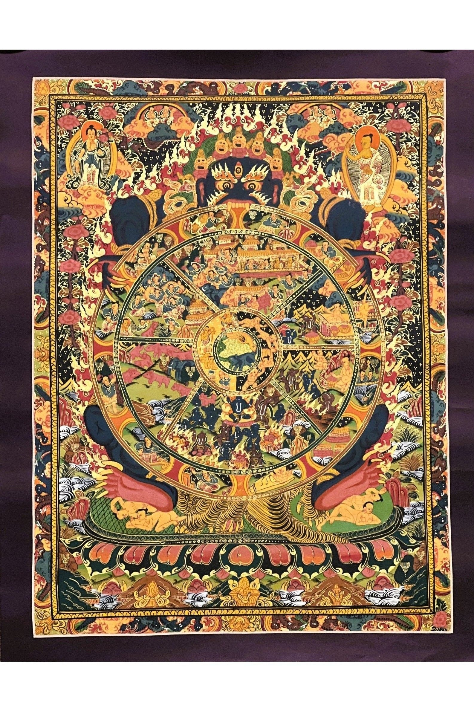 Wheel of Life Bhavacakra/ Samsara Mandala Masterpiece Smoky Tibetan Thangka Painting Original Art/ Meditation Wall Hanging - Tibetan Thangka Art