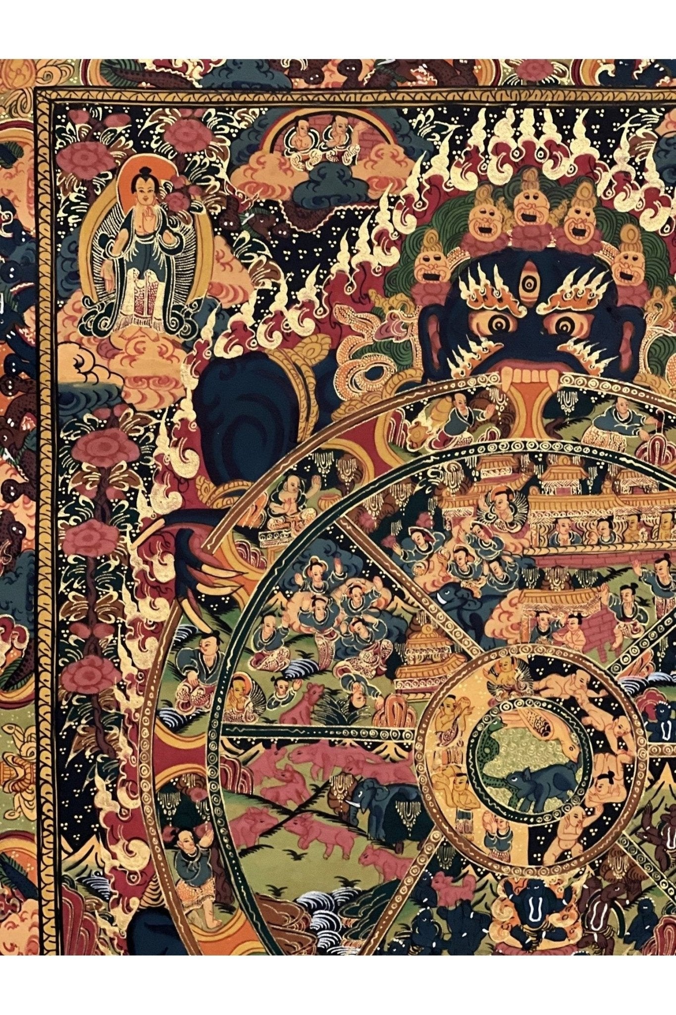 Wheel of Life Bhavacakra/ Samsara Mandala Masterpiece Smoky Tibetan Thangka Painting Original Art/ Meditation Wall Hanging - Tibetan Thangka Art
