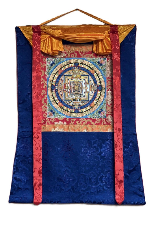 Wheel of Life/ Wheel of Tim/, Kalachakra Mantra Mandala Original Tibetan Thangka Painting Wall Hanging/ Meditation Art with Silk Brocade - Tibetan Thangka Art