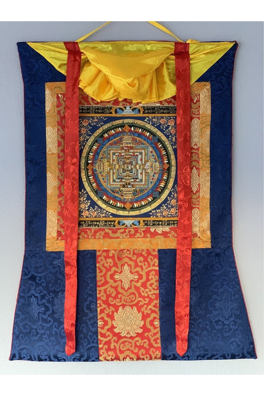 Wheel of Life, Wheel of Time, Kalachakra Om Mantra Mandala, Tibetan Thangka Painting, Original Art with Silk Frame - Tibetan Thangka Art